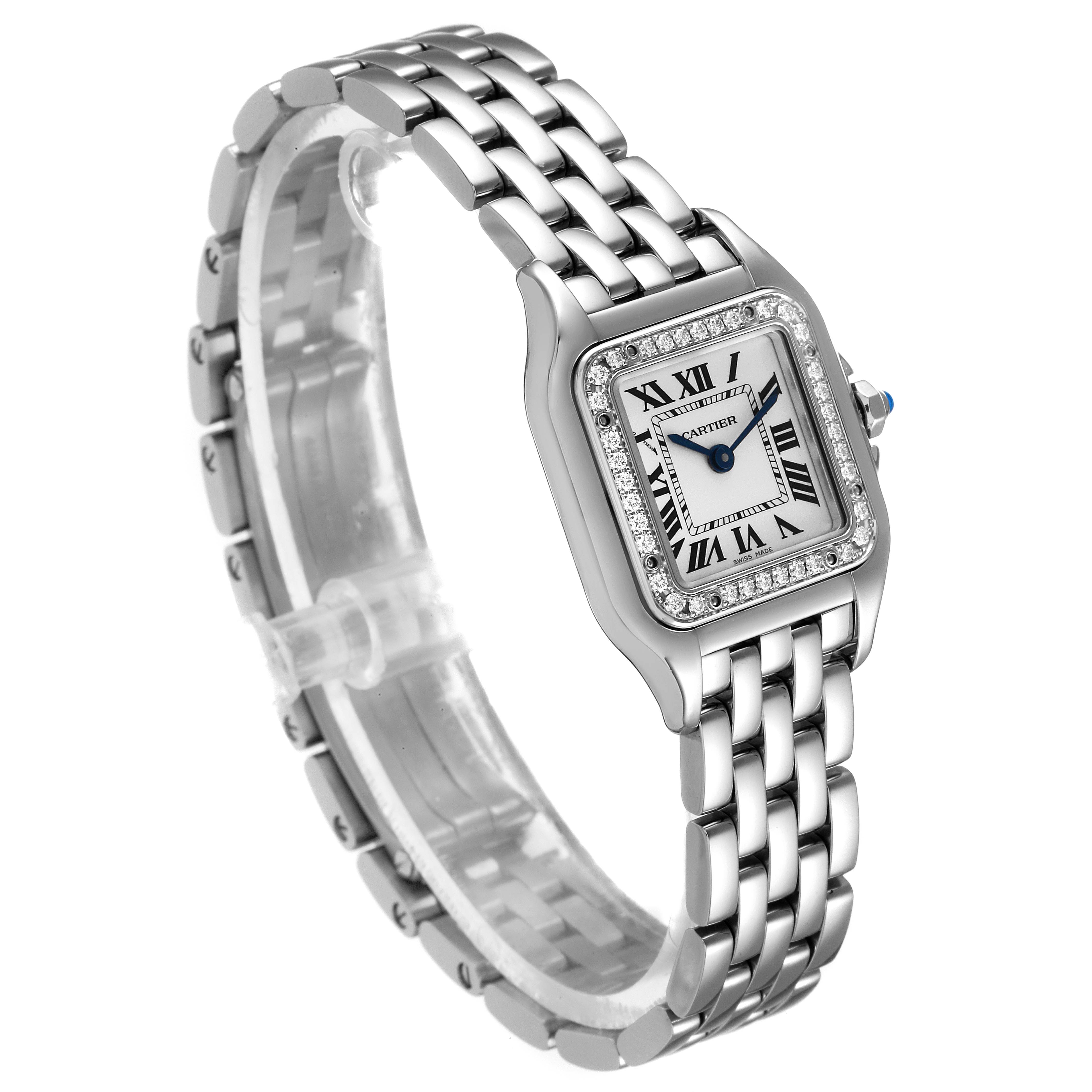 The Cartier Panthere W4PN0007 Women's Stainless Steel Silver Dial W4PN0007 Women's Stainless Steel Silver Dial model watch is shown at a three-quarter angle, highlighting the face and bracelet.