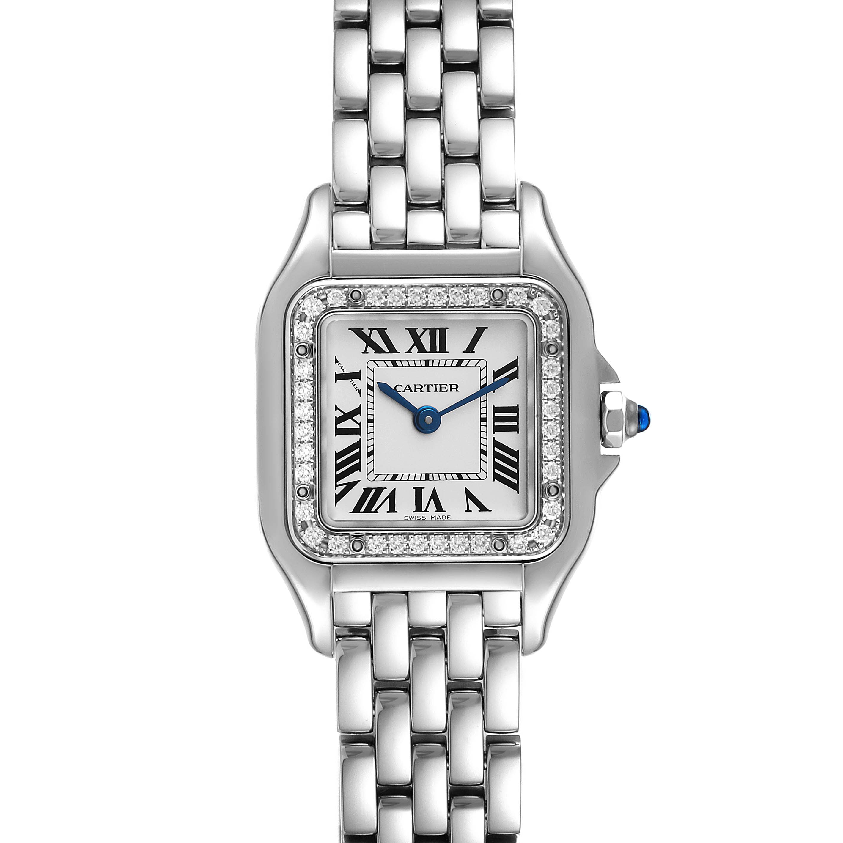 The image shows a front view of a Cartier Panthere W4PN0007 Women's Stainless Steel Silver Dial W4PN0007 Women's Stainless Steel Silver Dial watch featuring a silver bracelet, square face, Roman numerals, and diamond bezel.