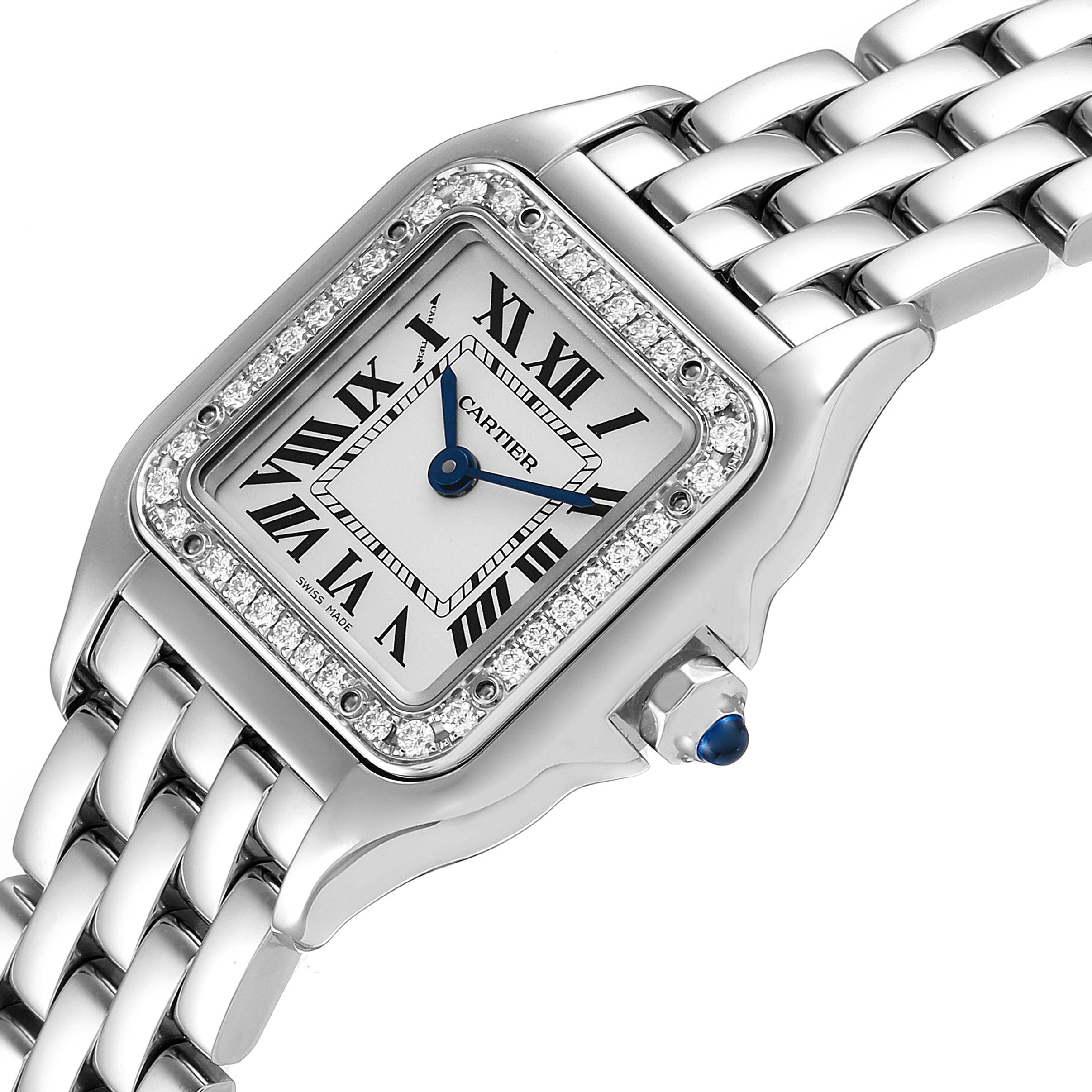 The image shows a close-up, angled view of the Cartier Panthere W4PN0007 Women's Stainless Steel Silver Dial W4PN0007 Women's Stainless Steel Silver Dial watch face and stainless steel bracelet.