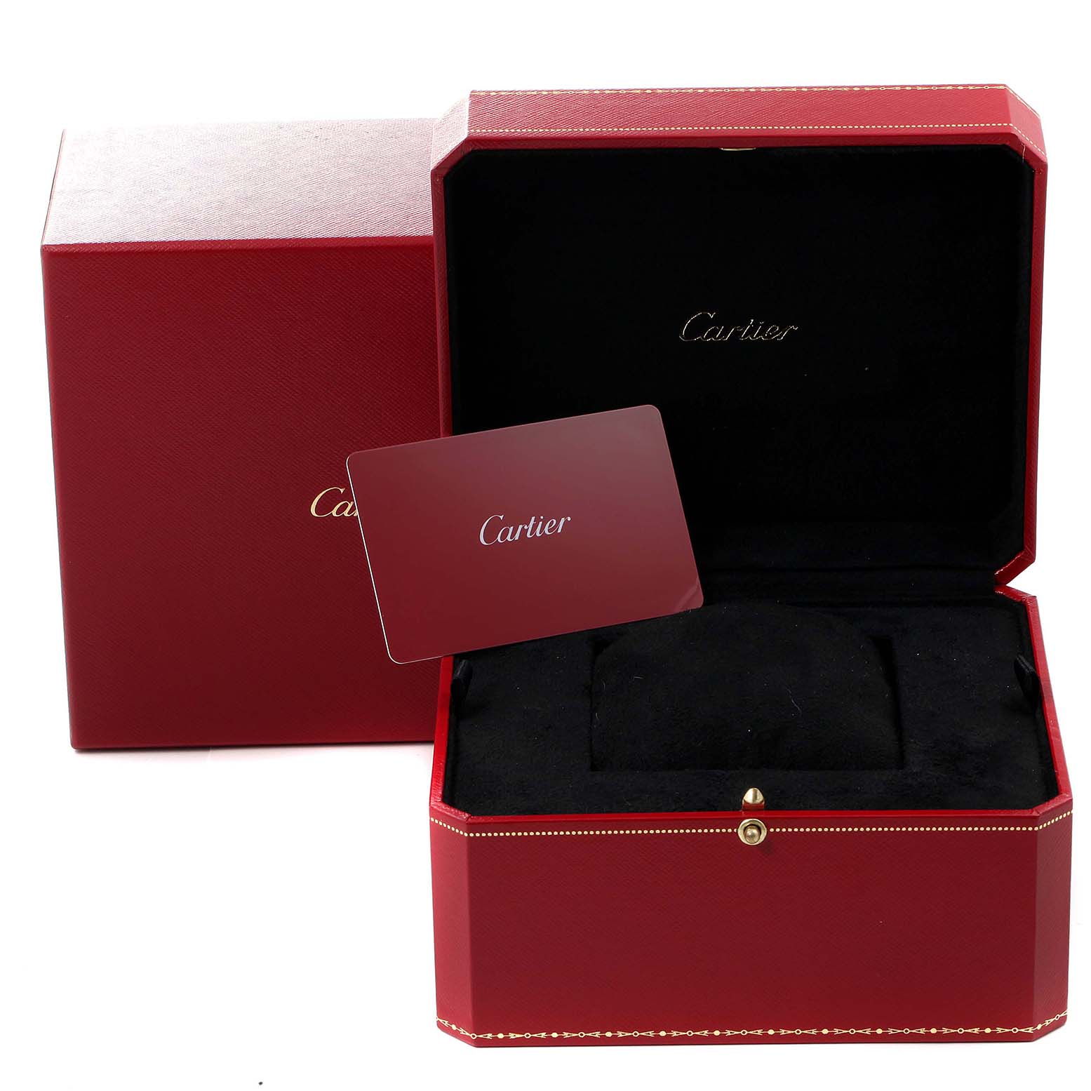 The image shows a Panthère de Cartier watch box and warranty card, both in red with Cartier branding.