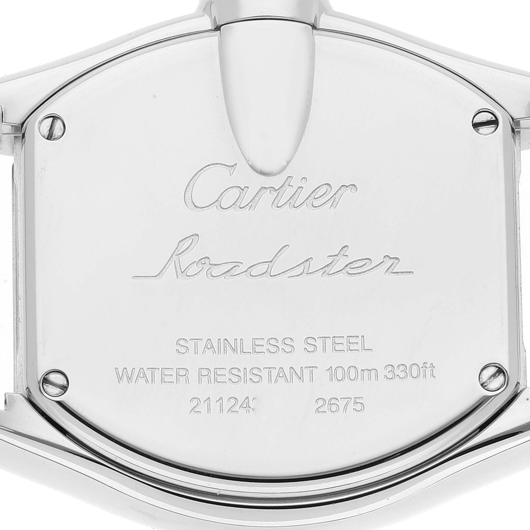 This image shows the back case of a Cartier Roadster W62054V3 Women's Stainless Steel Pink Dial W62054V3 Women's Stainless Steel Pink Dial watch, highlighting the engraved branding and specifications.