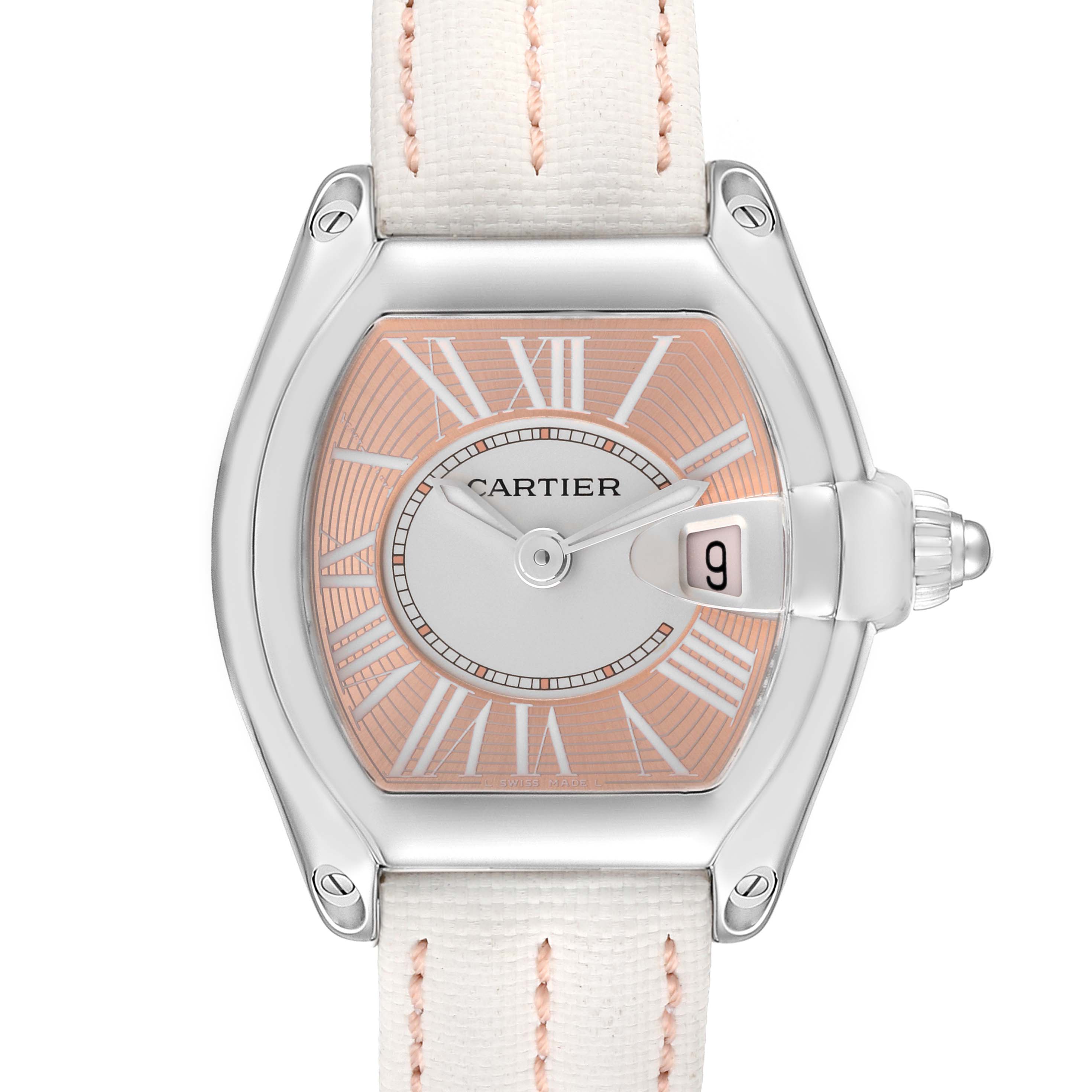 The image shows a Cartier Roadster W62054V3 Women's Stainless Steel Pink Dial W62054V3 Women's Stainless Steel Pink Dial watch face, date window, and part of the strap from a front angle.
