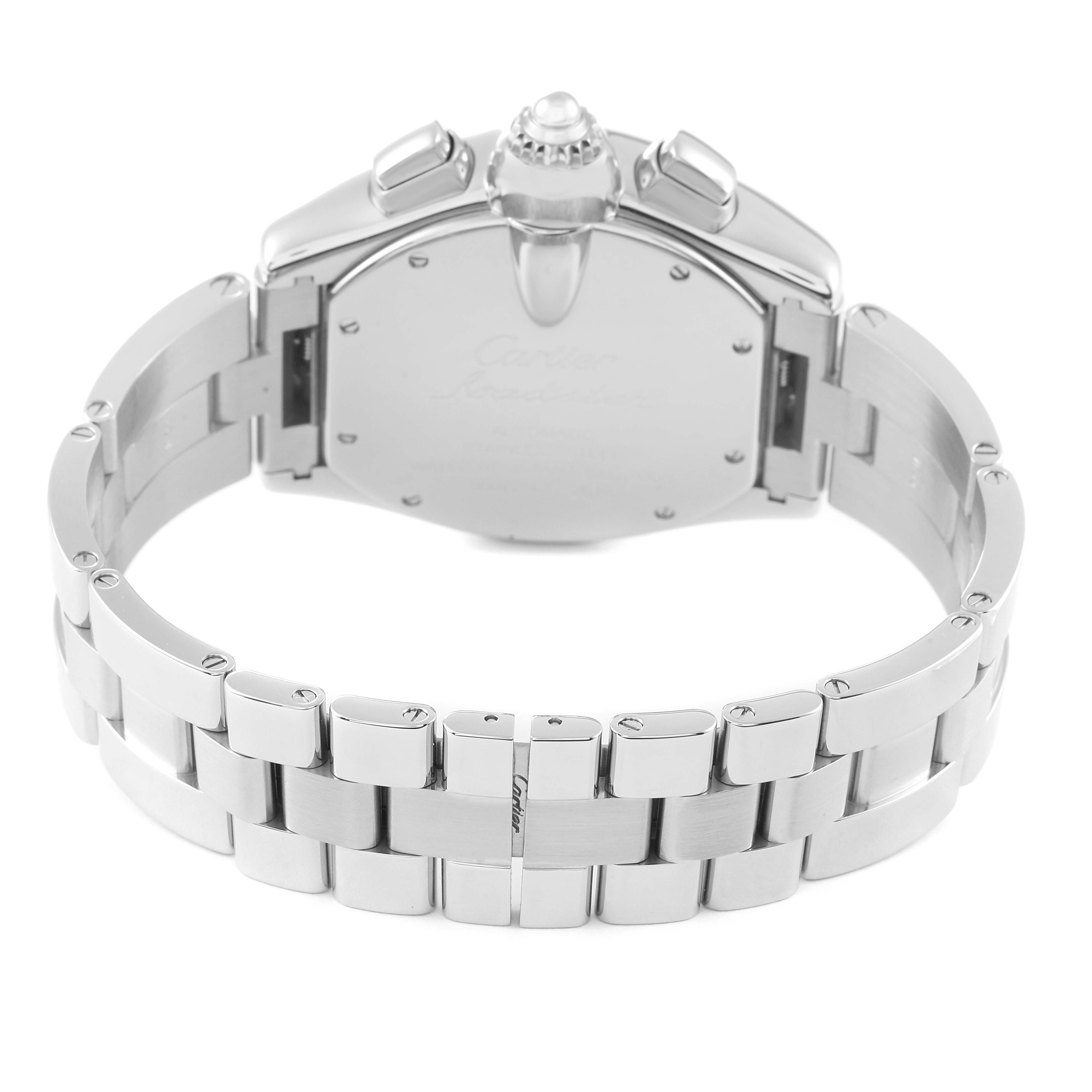 The image shows the back view of the Cartier Roadster W62019X6 Men
s Stainless Steel Silver Dial W62019X6 Men
s Stainless Steel Silver Dial watch, focusing on its bracelet and clasp.