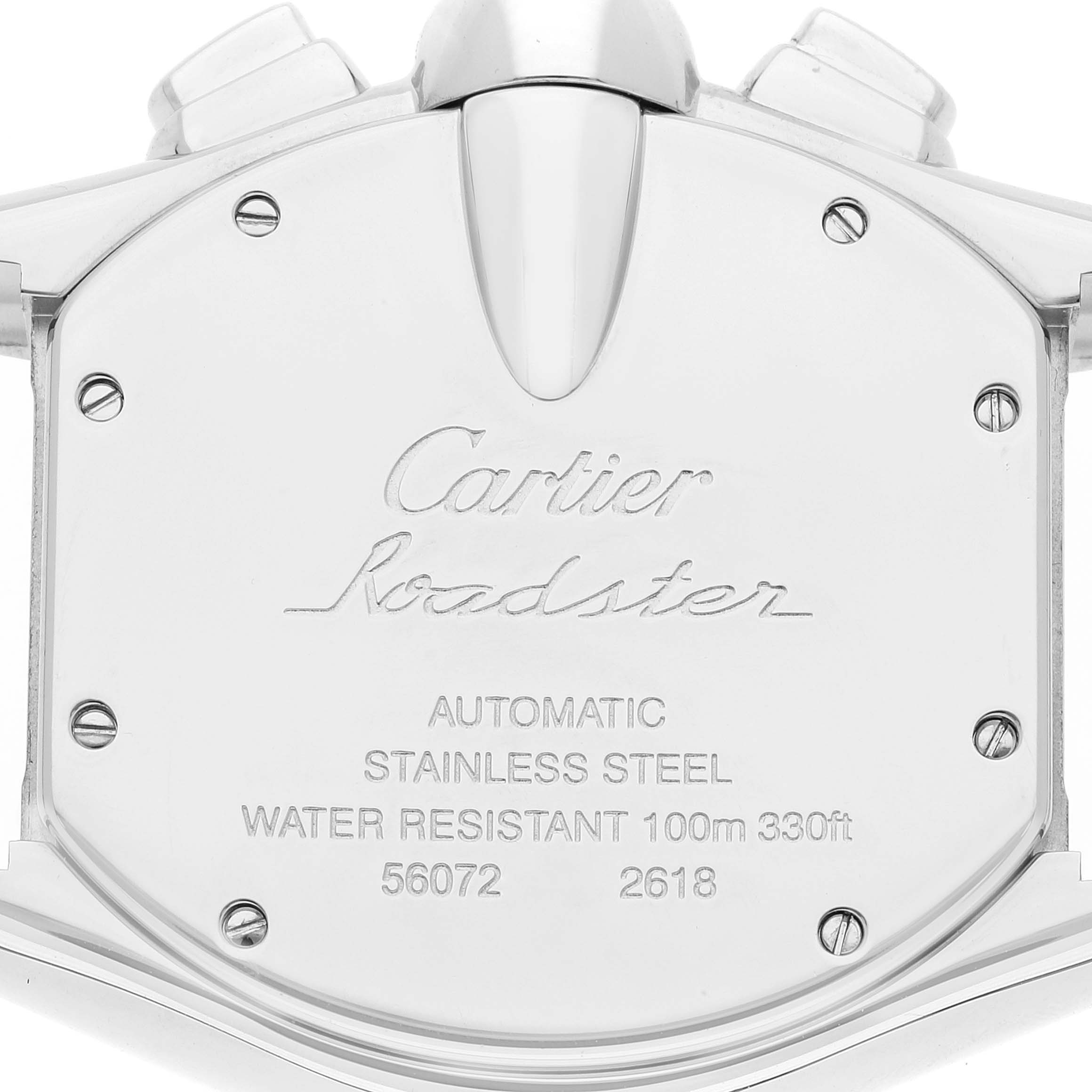The image shows the back case of a Cartier Roadster W62019X6 Men
s Stainless Steel Silver Dial W62019X6 Men
s Stainless Steel Silver Dial model watch, highlighting its inscriptions and screw details.
