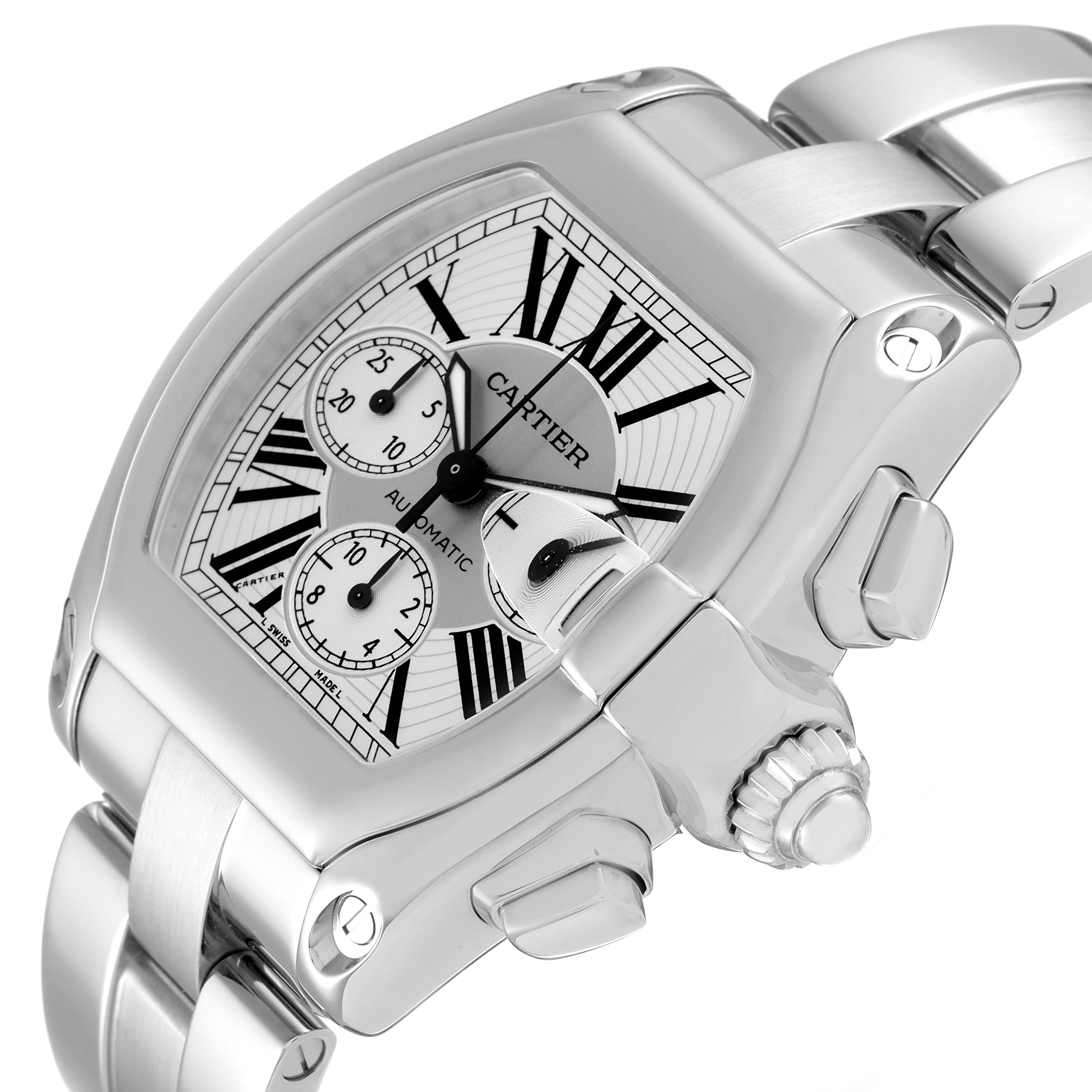 This image shows a close-up angle of the Cartier Roadster W62019X6 Men
s Stainless Steel Silver Dial W62019X6 Men
s Stainless Steel Silver Dial watch focusing on its face and case details.