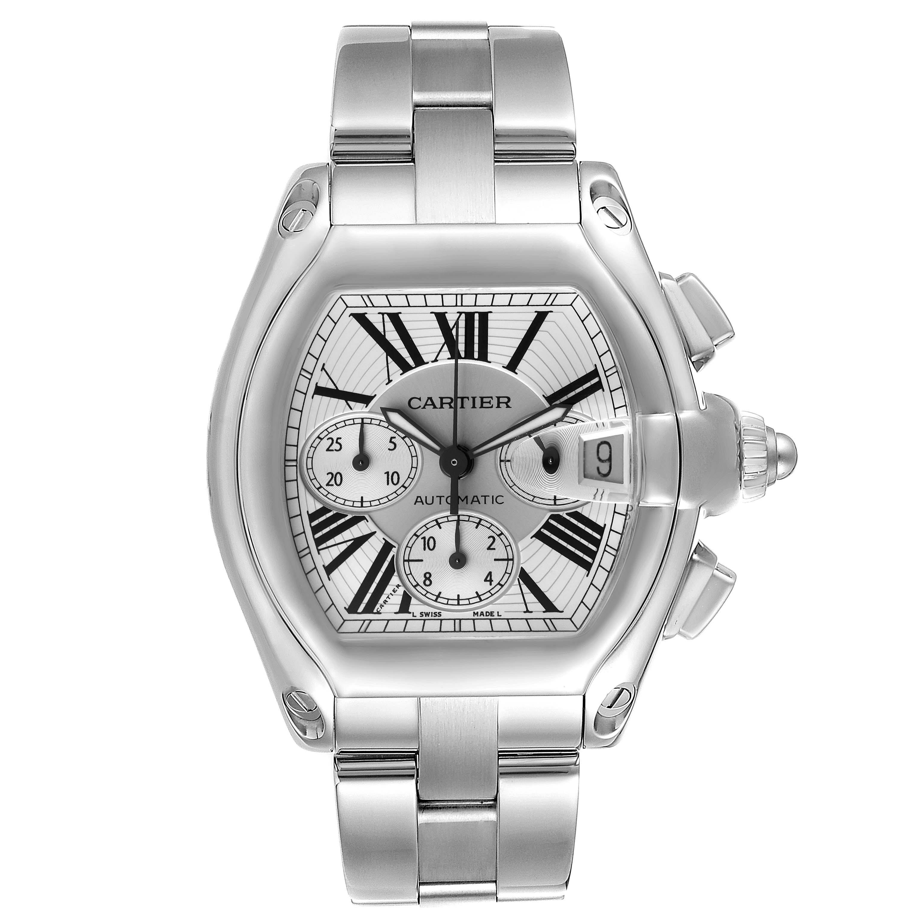 The image shows a front view of a Cartier Roadster W62019X6 Men
s Stainless Steel Silver Dial W62019X6 Men
s Stainless Steel Silver Dial watch, featuring its dial, case, and bracelet.