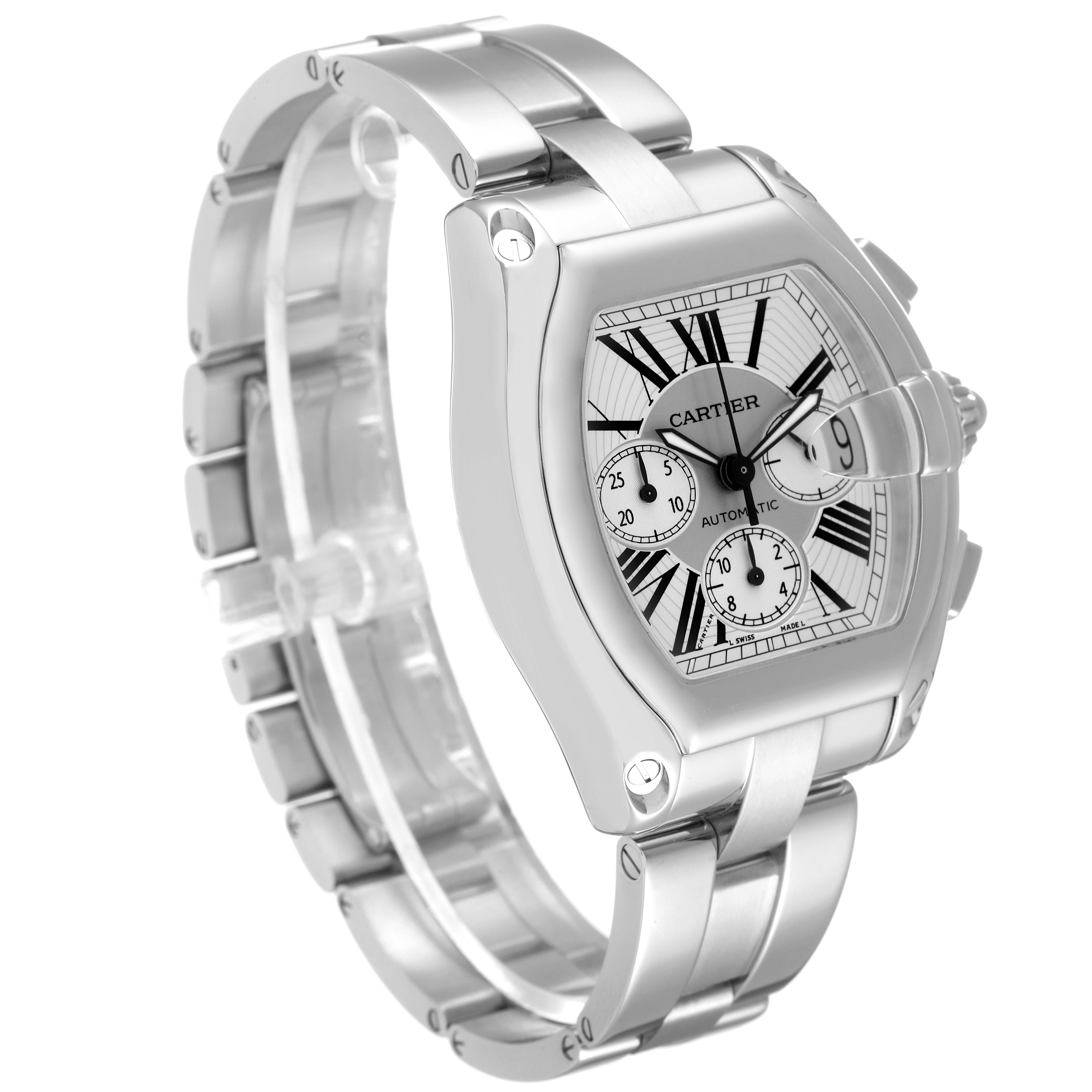 The image shows a Cartier Roadster W62019X6 Men
s Stainless Steel Silver Dial W62019X6 Men
s Stainless Steel Silver Dial watch viewed from an oblique angle, highlighting the face, bracelet, and side details.