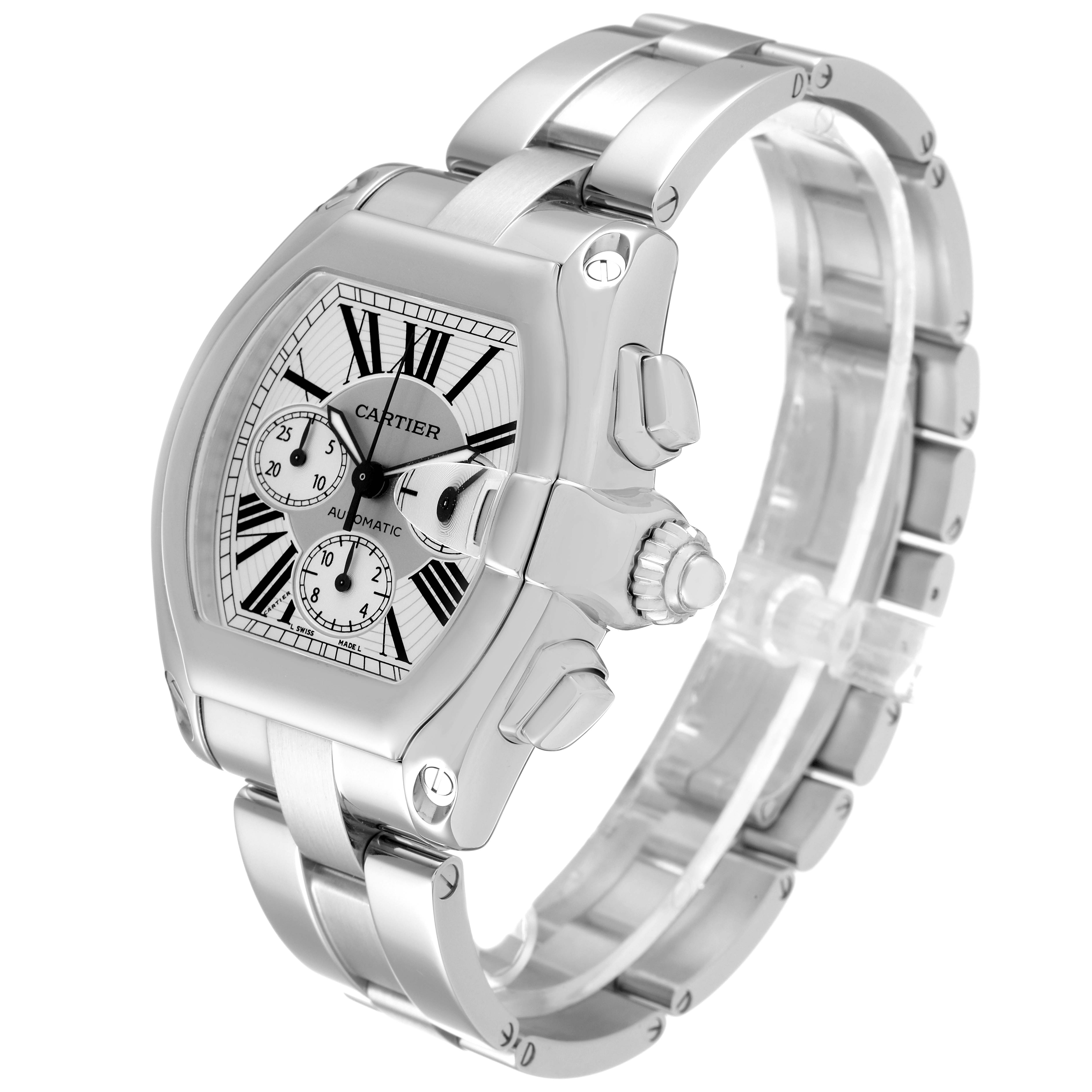 The image displays a Cartier Roadster W62019X6 Men
s Stainless Steel Silver Dial W62019X6 Men
s Stainless Steel Silver Dial watch at a three-quarter angle, highlighting its face, bezel, crown, and bracelet.