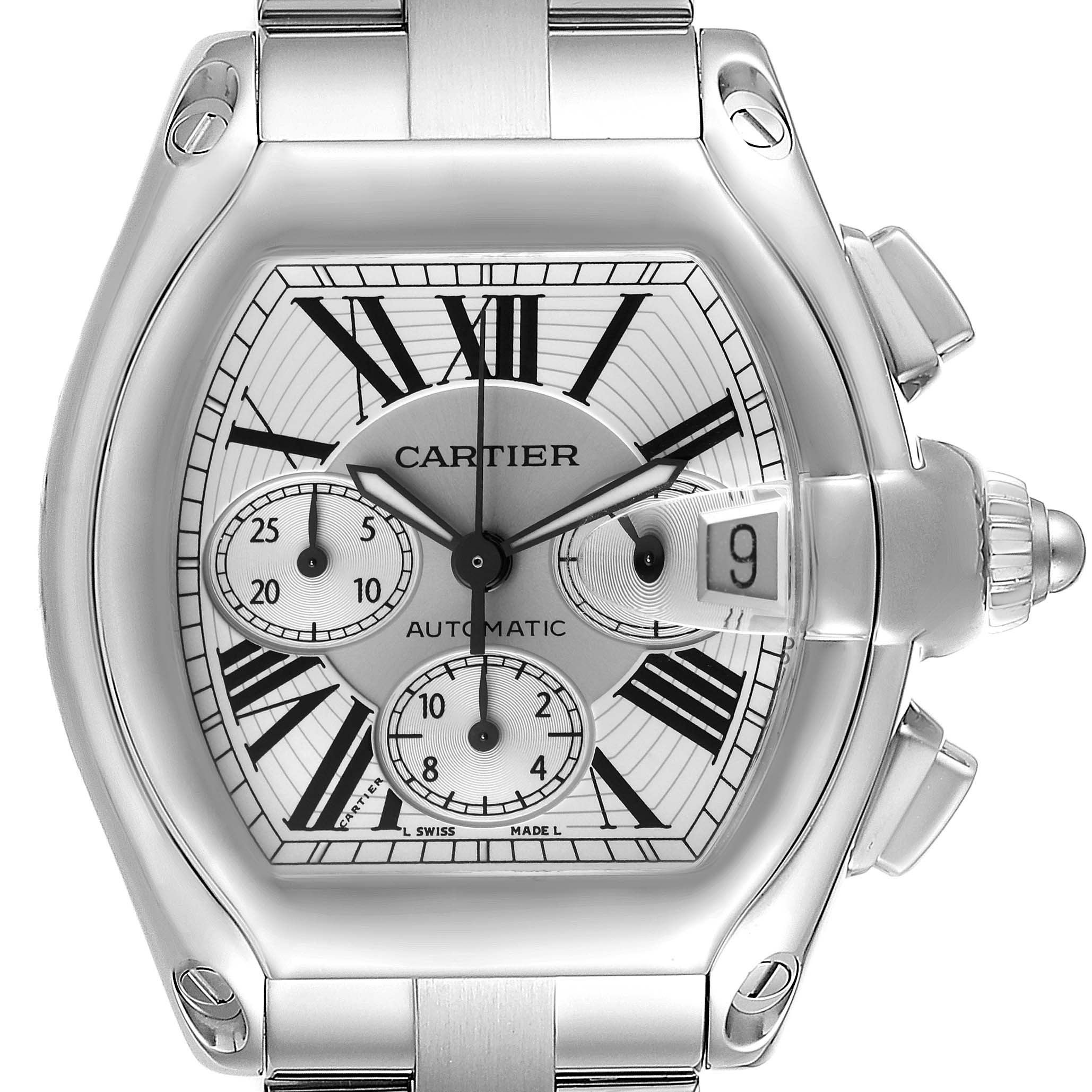This image shows a front view of a Cartier Roadster W62019X6 Men
s Stainless Steel Silver Dial W62019X6 Men
s Stainless Steel Silver Dial watch, highlighting its face, chronograph dials, and date display.