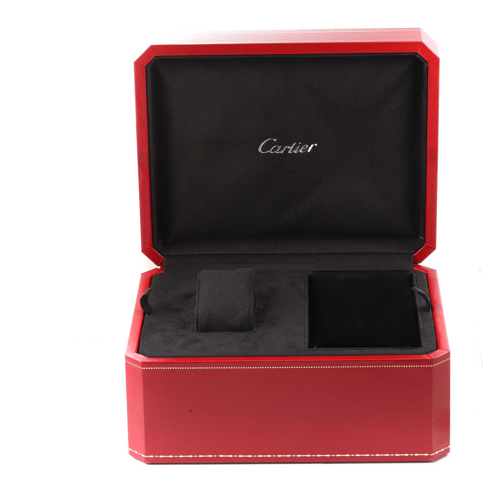 The image shows an open red Cartier watch box for the Roadster model, with compartments for the watch and accessories.