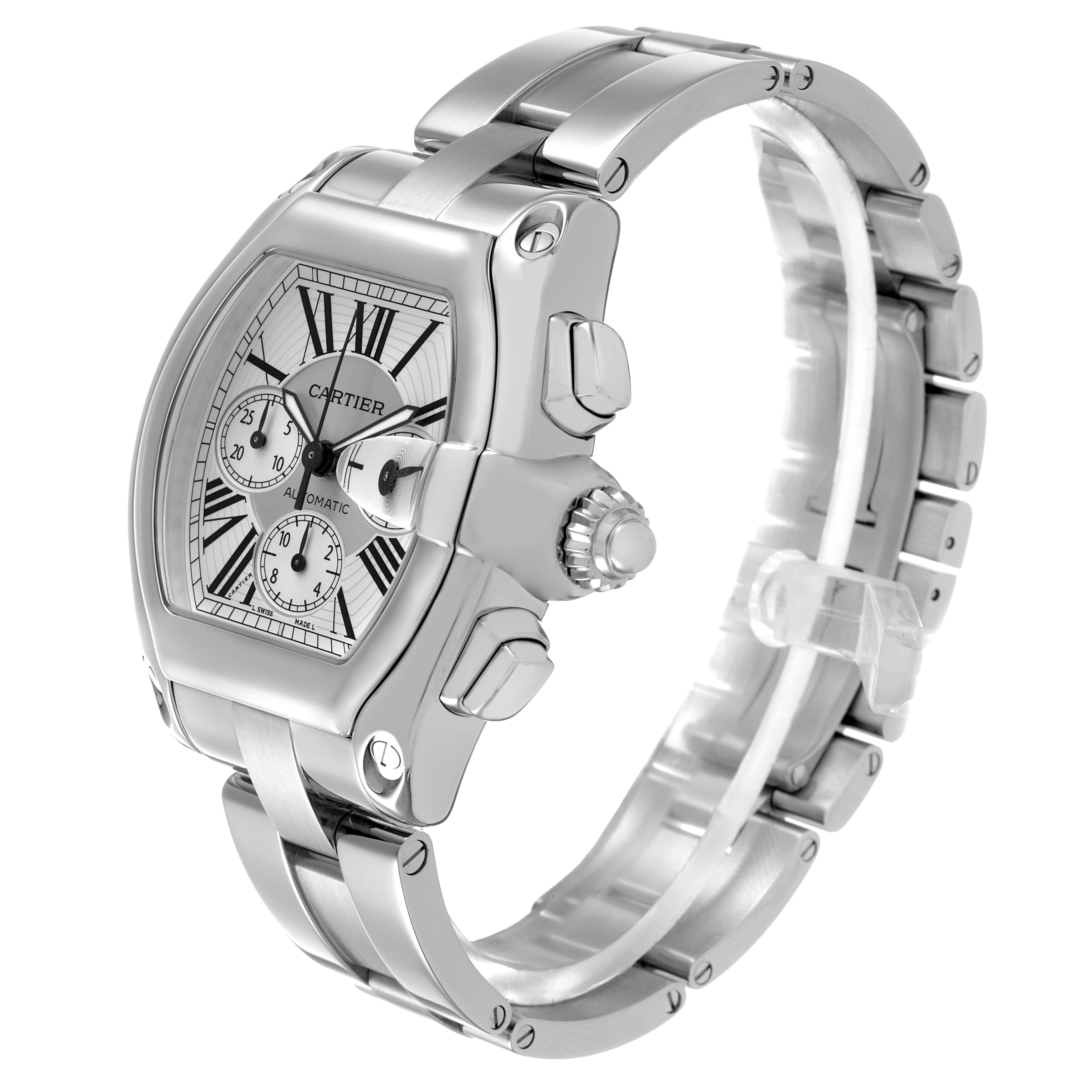 The Cartier Roadster W62019X6 Men's Stainless Steel Silver Dial watch is shown at a three-quarter view, highlighting its dial, crown, and metal bracelet.