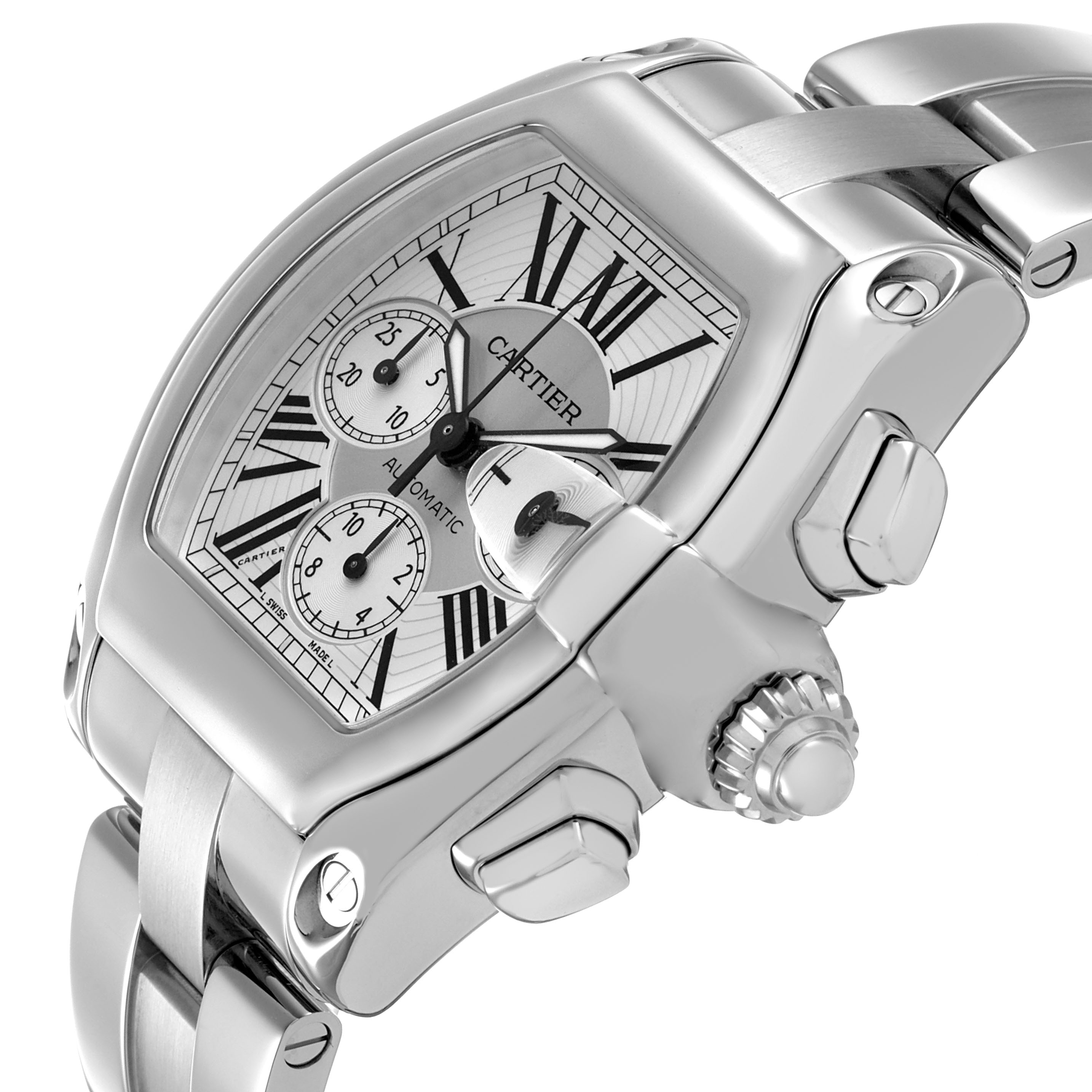 The Cartier Roadster W62019X6 Men's Stainless Steel Silver Dial watch is shown from an angled side view, highlighting its case, crown, pushers, and part of the bracelet.