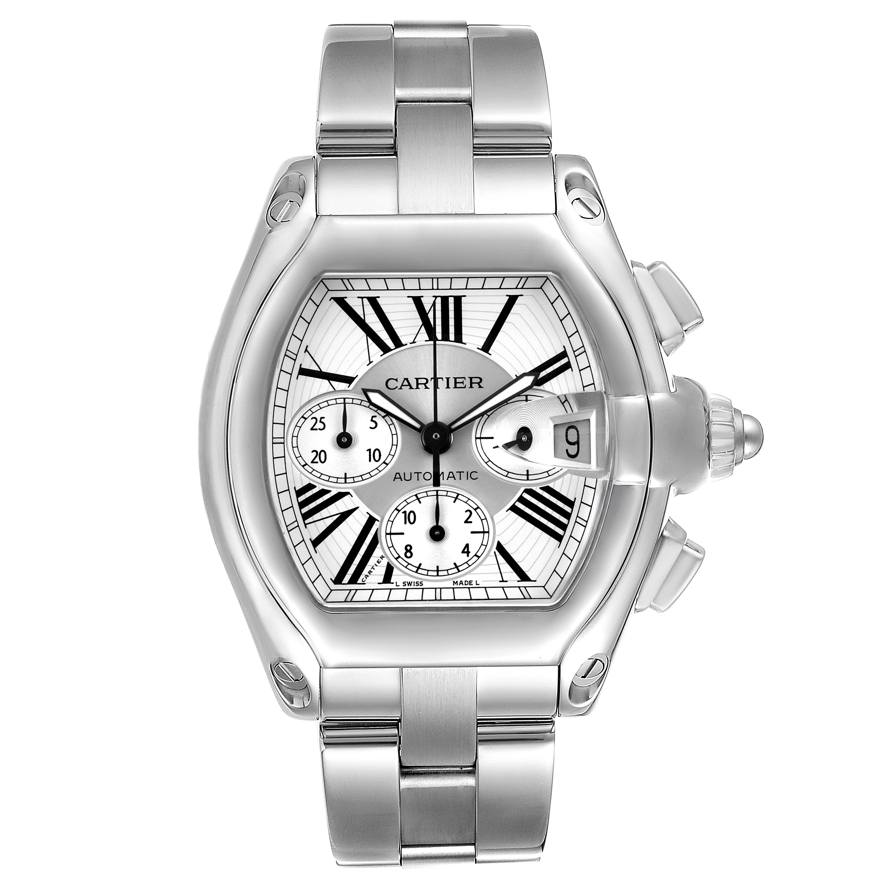 The Cartier Roadster W62019X6 Men's Stainless Steel Silver Dial watch is shown from a front view highlighting the dial, hands, and bracelet.