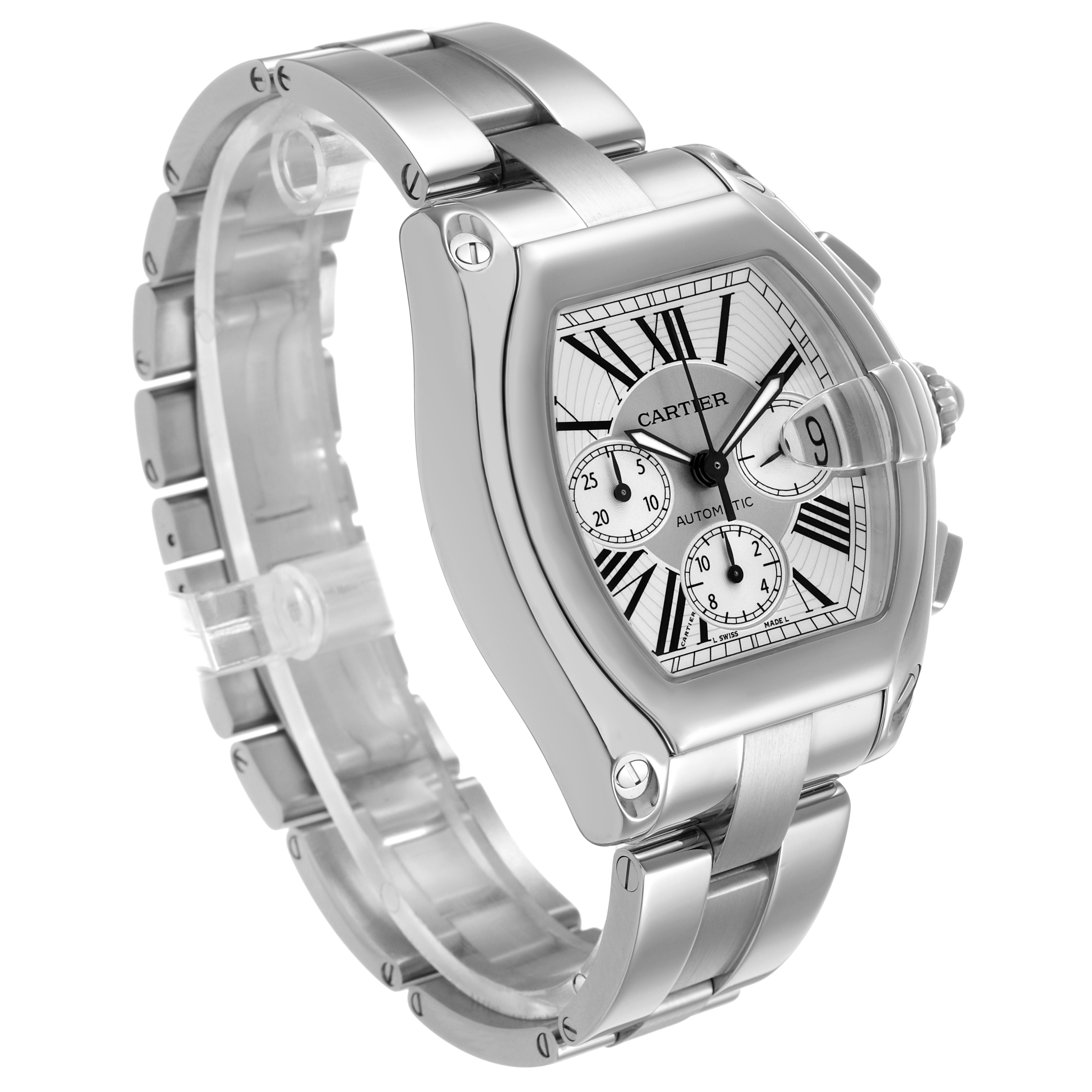 The Cartier Roadster W62019X6 Men's Stainless Steel Silver Dial watch is shown from a front-side angle, highlighting the case, dial, and metal bracelet.