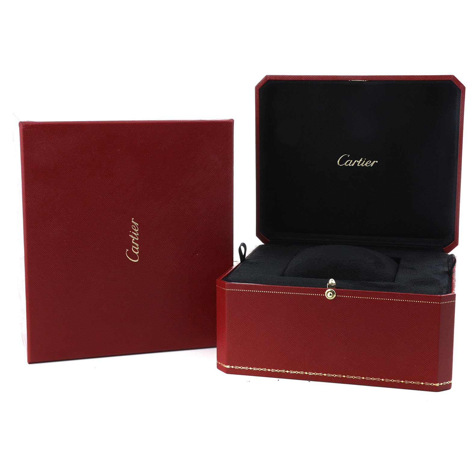 The image shows an open Cartier Roadster W62019X6 Men's Stainless Steel Silver Dial watch box and its outer case, both in red.