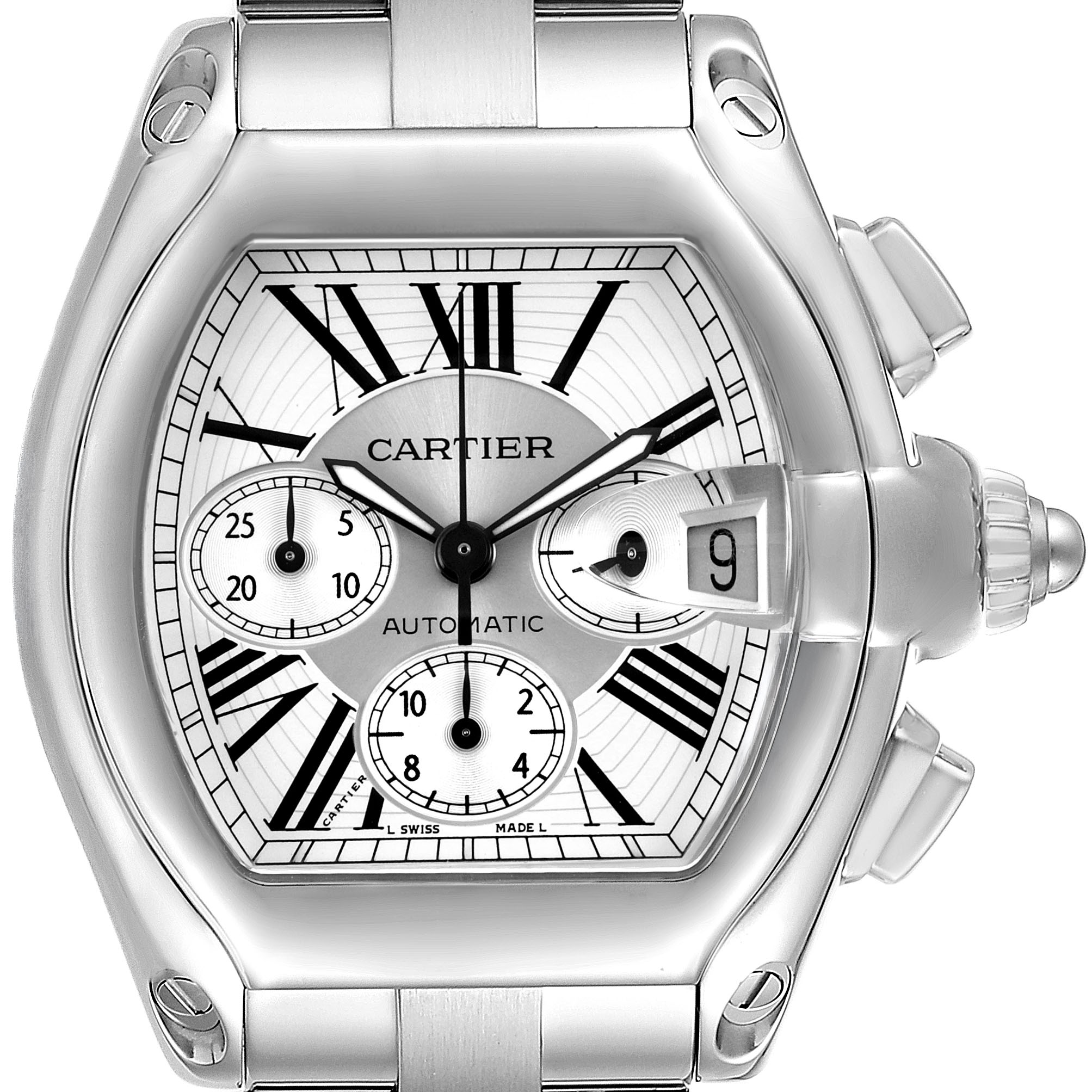 The Cartier Roadster W62019X6 Men's Stainless Steel Silver Dial watch is shown from a front angle, highlighting the dial, bezel, and crown with date magnifier.