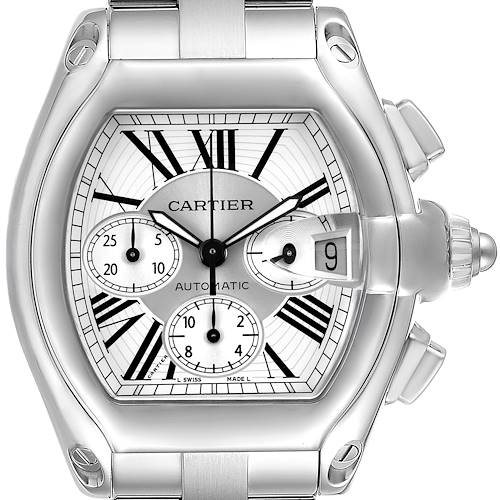 The Cartier Roadster W62019X6 Men's Stainless Steel Silver Dial watch is shown from the front, highlighting the face, crown, and pushers.