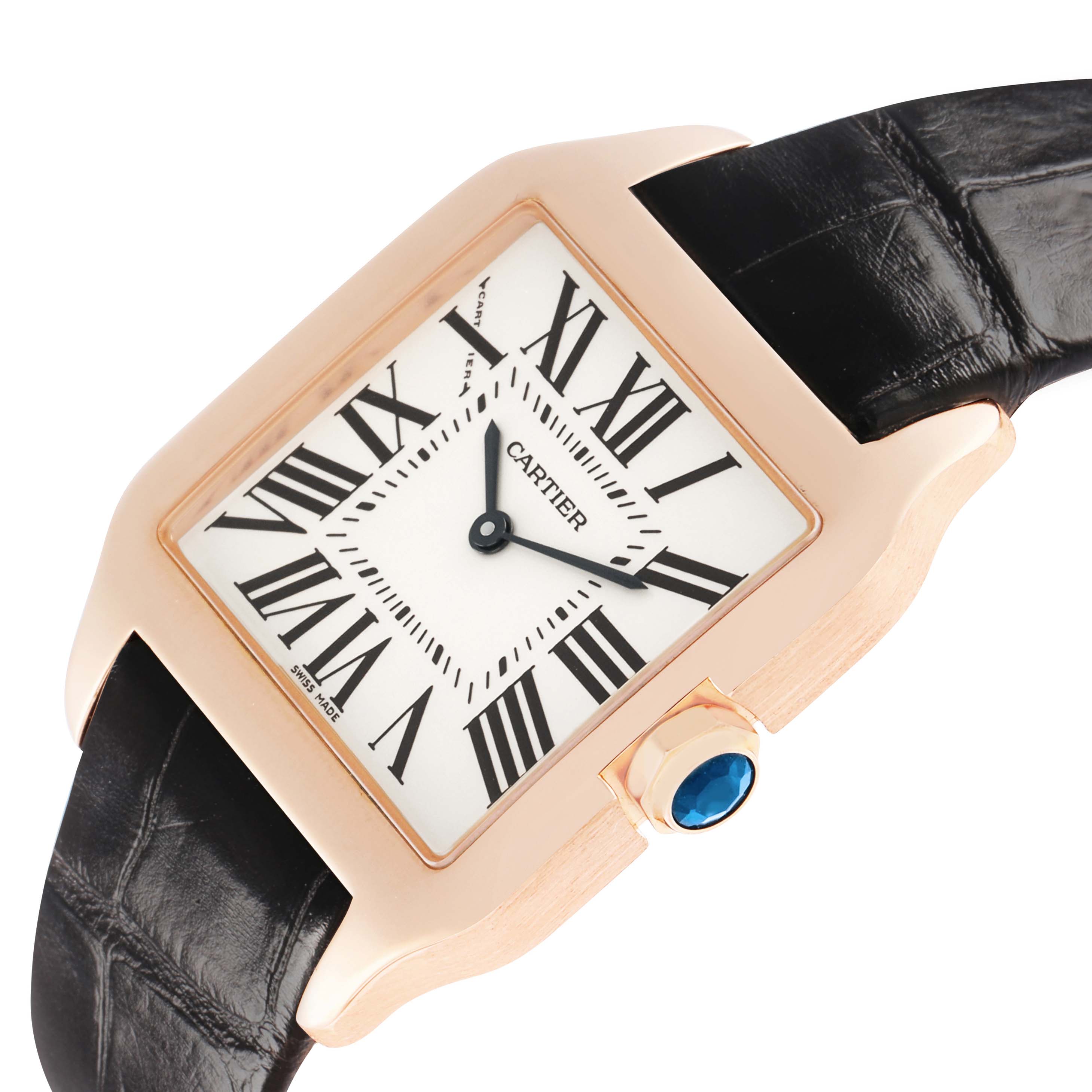 The Cartier Santos Dumont W2009251 Men
s Rose Gold Silver Dial watch is shown at an angled view, displaying its face, Roman numerals, crown, and part of the leather strap.