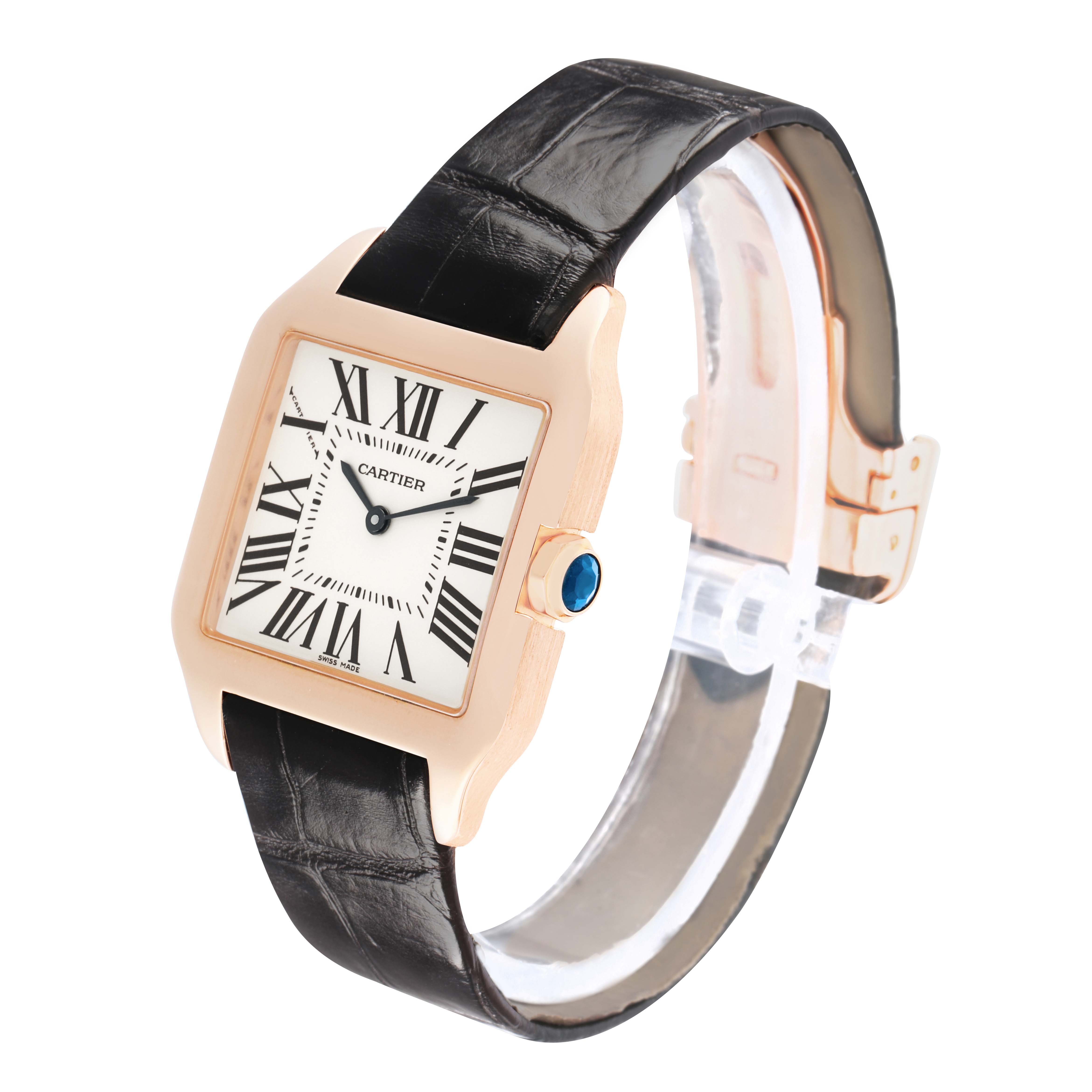 The Cartier Santos Dumont W2009251 Men
s Rose Gold Silver Dial watch is viewed from the front-left angle, showing its square face, Roman numerals, and leather strap.