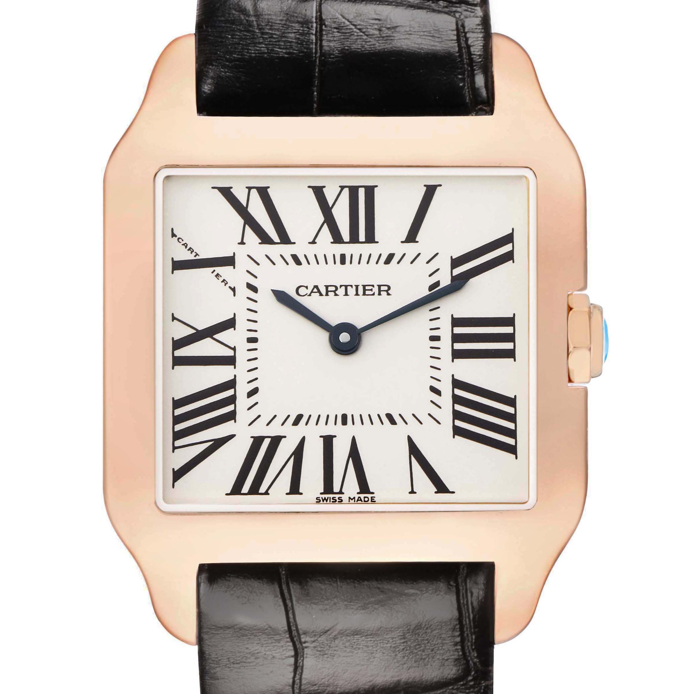 The watch is shown from the front, highlighting the Cartier Santos Dumont W2009251 Men
s Rose Gold Silver Dial
s square face, Roman numerals, and leather strap.
