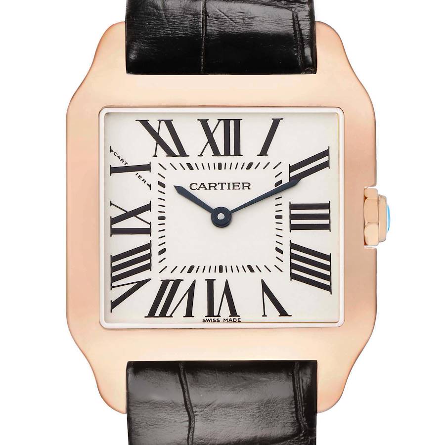 The watch is shown from the front, highlighting the Cartier Santos Dumont W2009251 Men
s Rose Gold Silver Dial
s square face, Roman numerals, and leather strap.