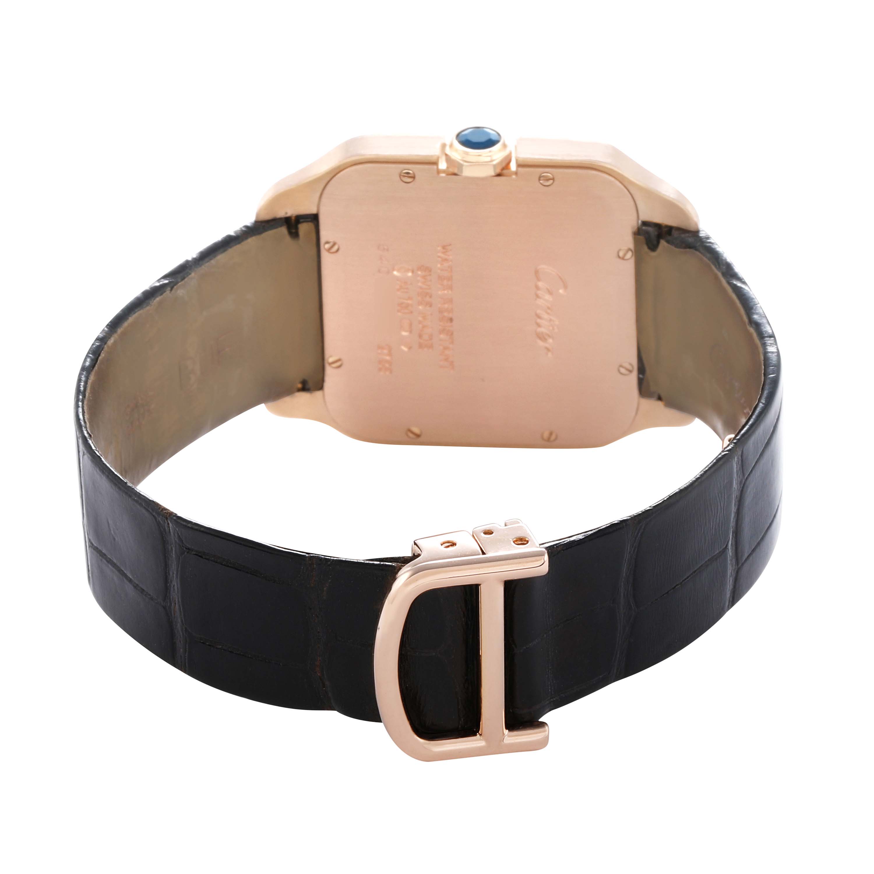 The image shows the back view of the Cartier Santos Dumont W2009251 Men
s Rose Gold Silver Dial watch, featuring the case back, strap, and clasp.