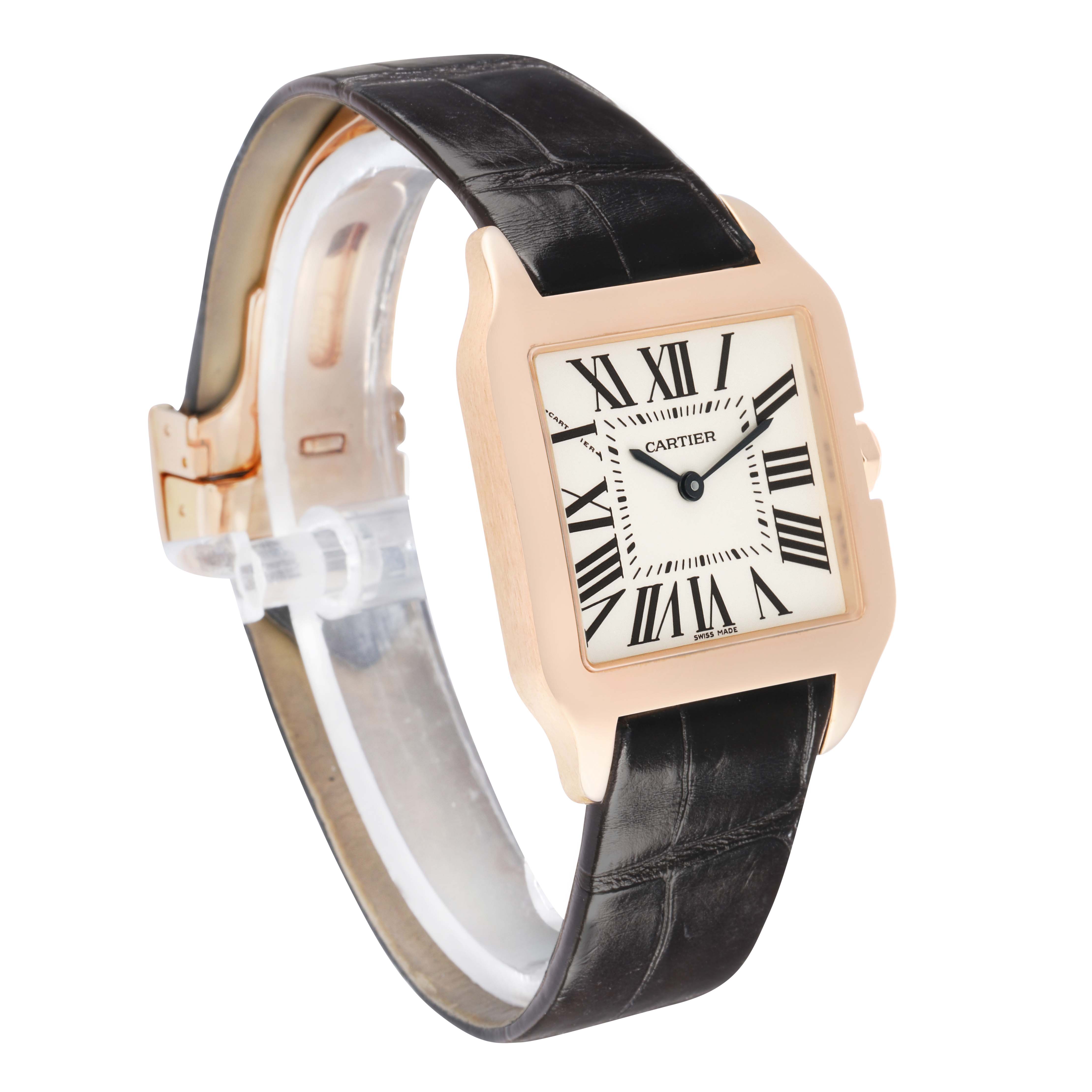 The Cartier Santos Dumont W2009251 Men
s Rose Gold Silver Dial watch is shown at a three-quarter angle, highlighting the face, case, and leather strap.
