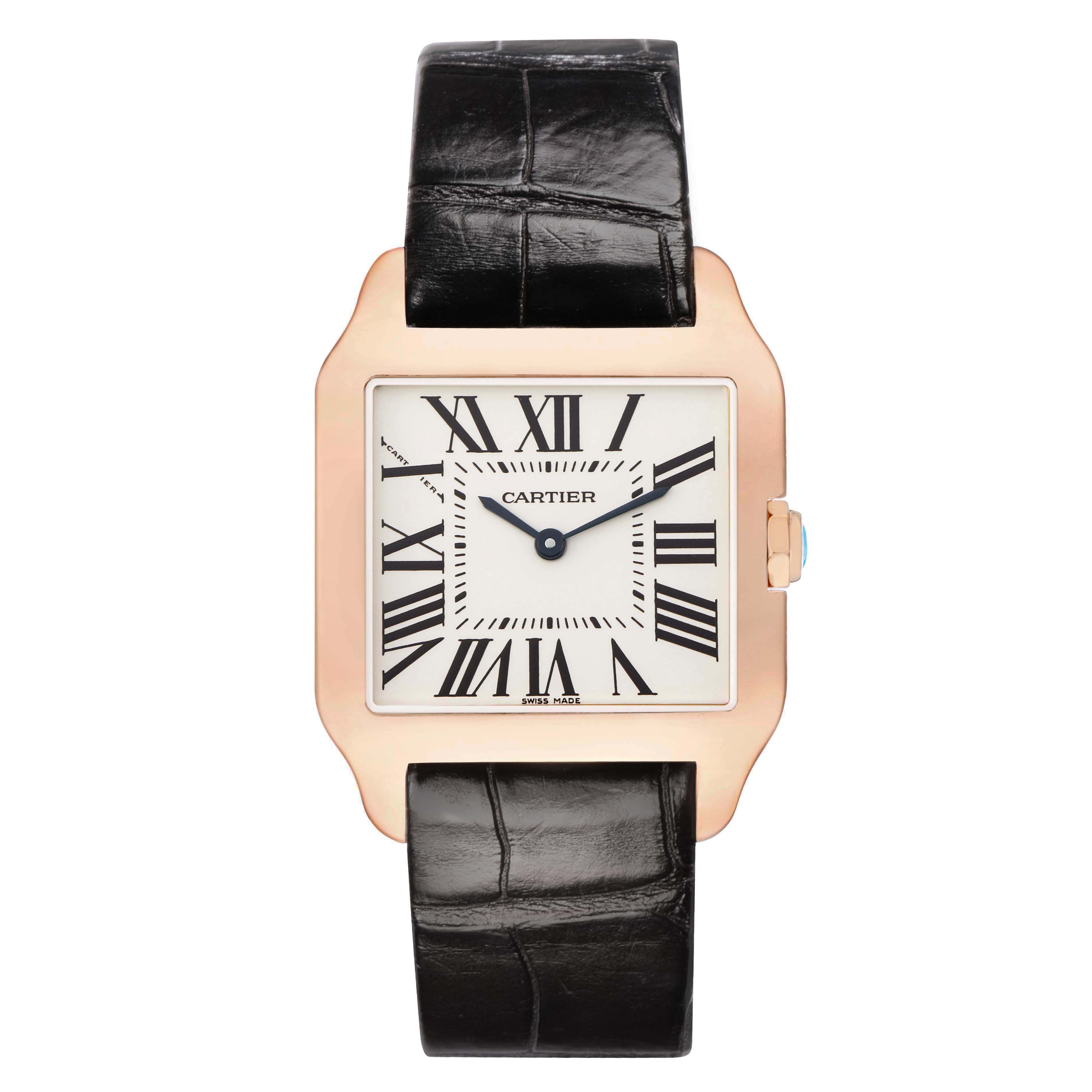 The Cartier Santos Dumont W2009251 Men
s Rose Gold Silver Dial watch is shown from a top view, featuring a square face, Roman numerals, and a black leather strap.