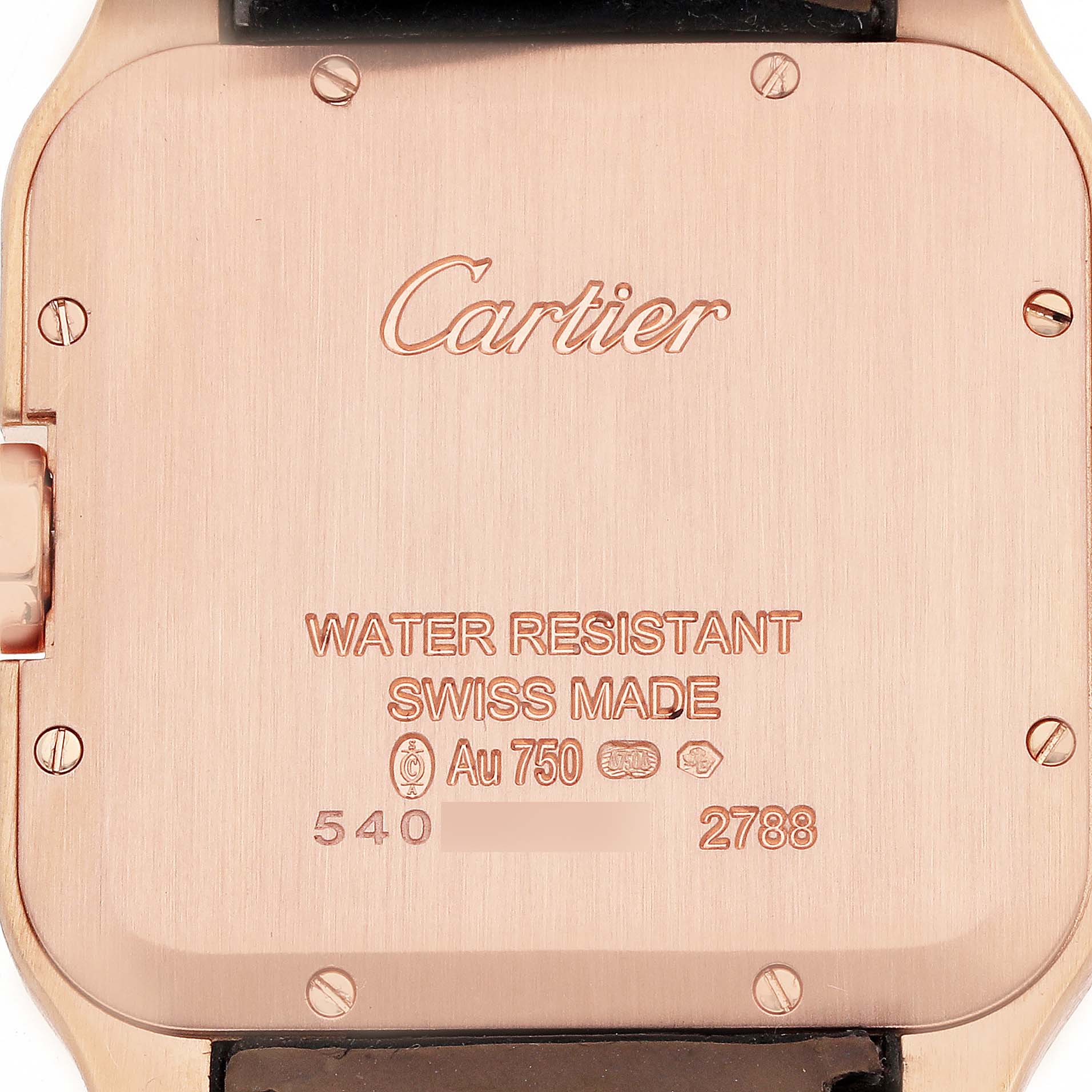 The image shows the back case of a Cartier Santos Dumont W2009251 Men
s Rose Gold Silver Dial watch, highlighting engraving details and screws.