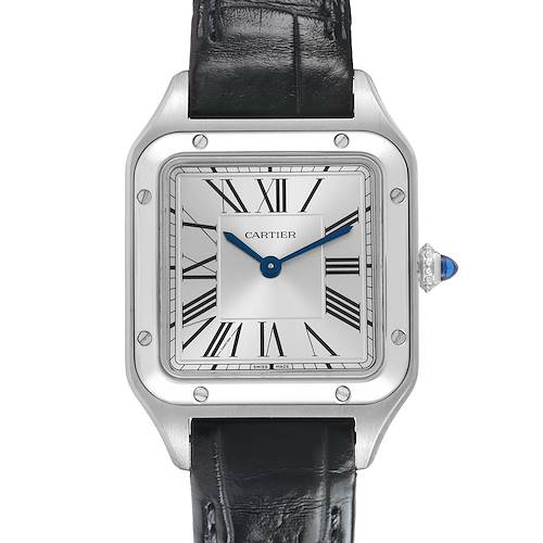 The Cartier Santos WSSA0023 Women's Stainless Steel Silver Dial watch is shown from the front, highlighting its square case, Roman numerals, and black leather strap.