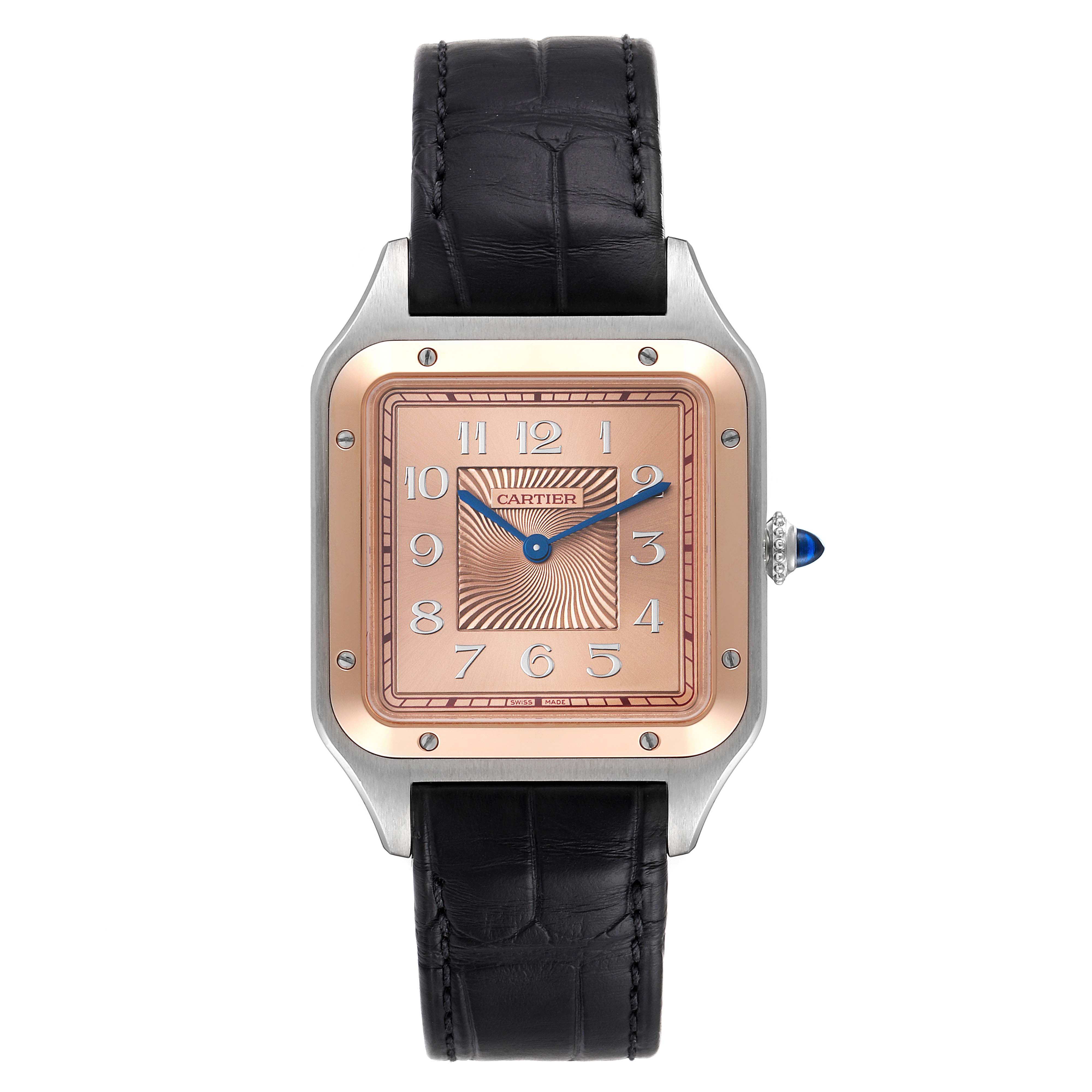 The image shows a front view of the Cartier Santos W2SA0025 Men's Steel and Gold (two tone) Pink Dial W2SA0025 Men's Steel and Gold (two tone) Pink Dial watch with a rose gold dial and a black leather strap.