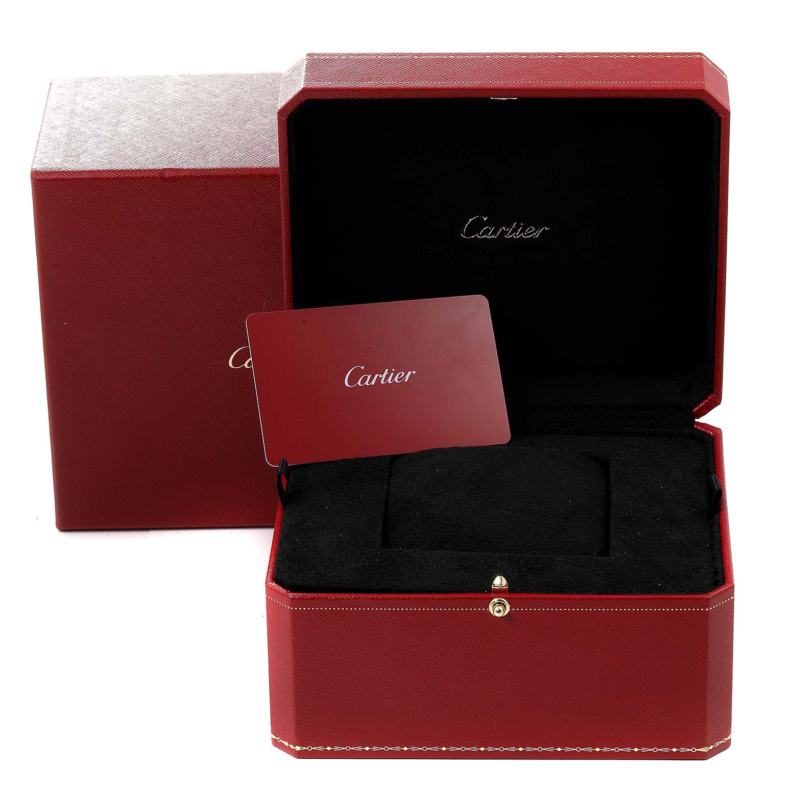 The image shows the open outer and inner box for a Cartier Santos W2SA0025 Men's Steel and Gold (two tone) Pink Dial W2SA0025 Men's Steel and Gold (two tone) Pink Dial model watch, along with a Cartier card.