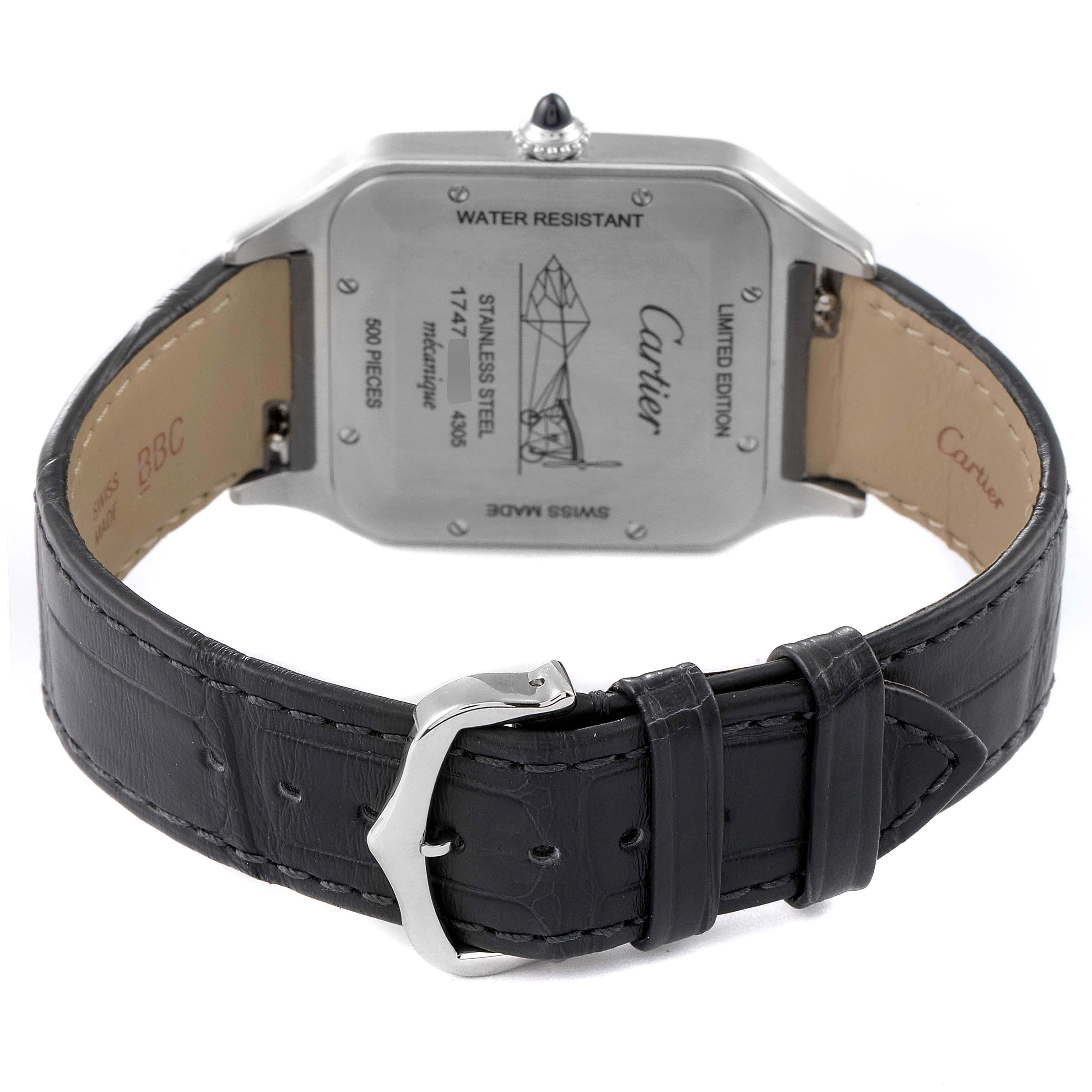 The image shows the back view of a Cartier Santos W2SA0025 Men's Steel and Gold (two tone) Pink Dial W2SA0025 Men's Steel and Gold (two tone) Pink Dial watch, displaying its stainless steel back cover and black leather strap.