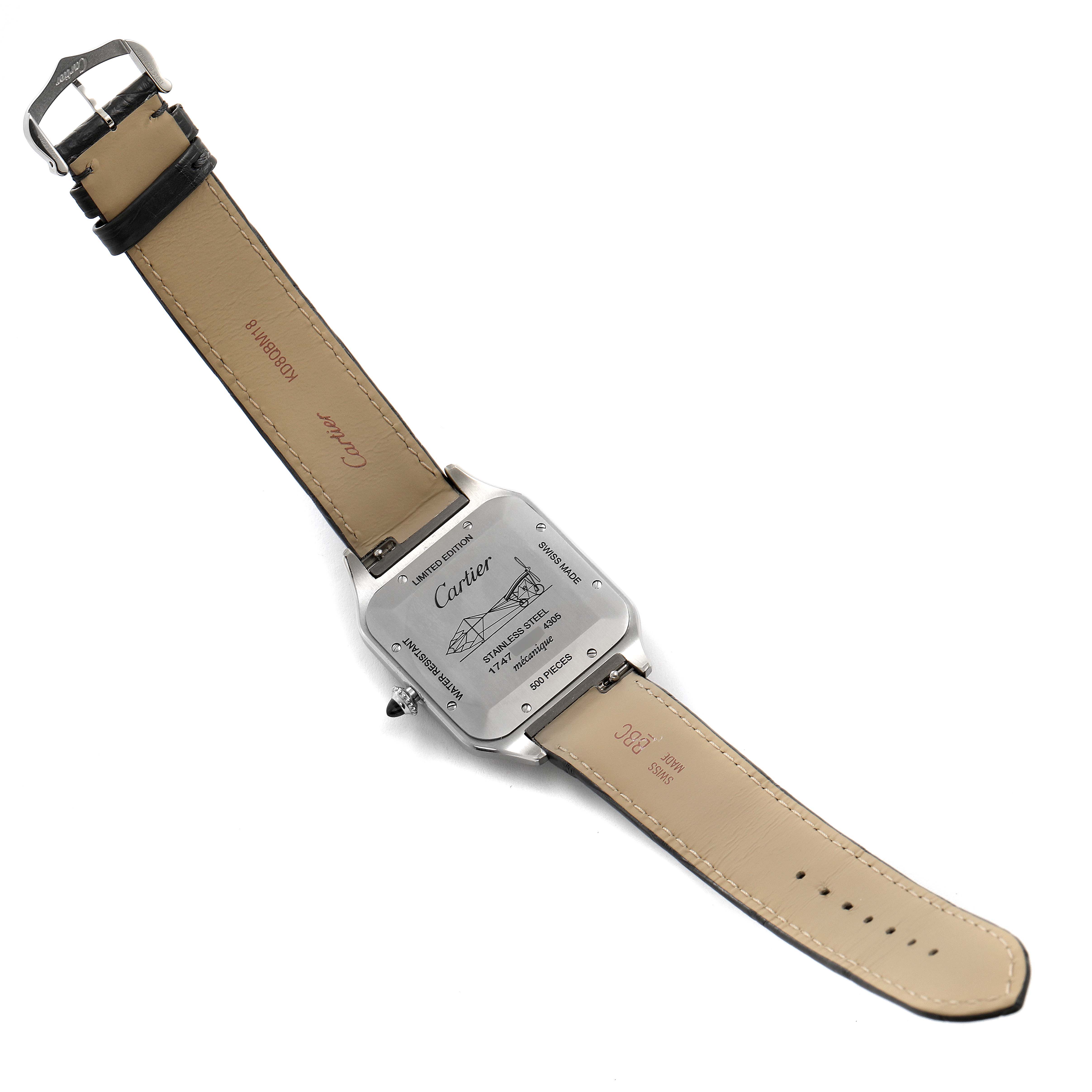 The image shows the back and strap of a Santos model watch by Cartier, with the case back details visible.