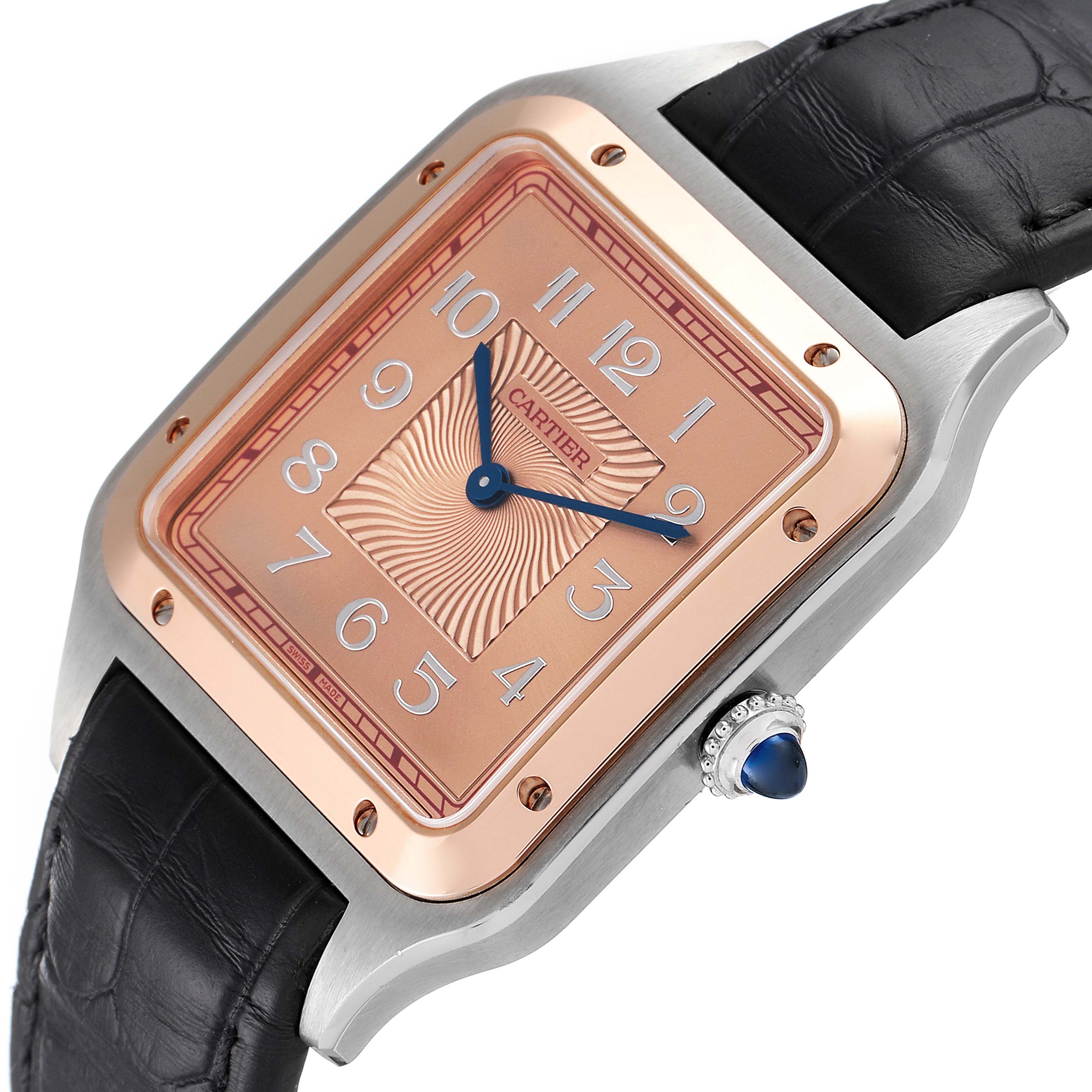 The image shows a Cartier Santos W2SA0025 Men's Steel and Gold (two tone) Pink Dial W2SA0025 Men's Steel and Gold (two tone) Pink Dial watch angled to display its face, bezel, crown, and leather strap.
