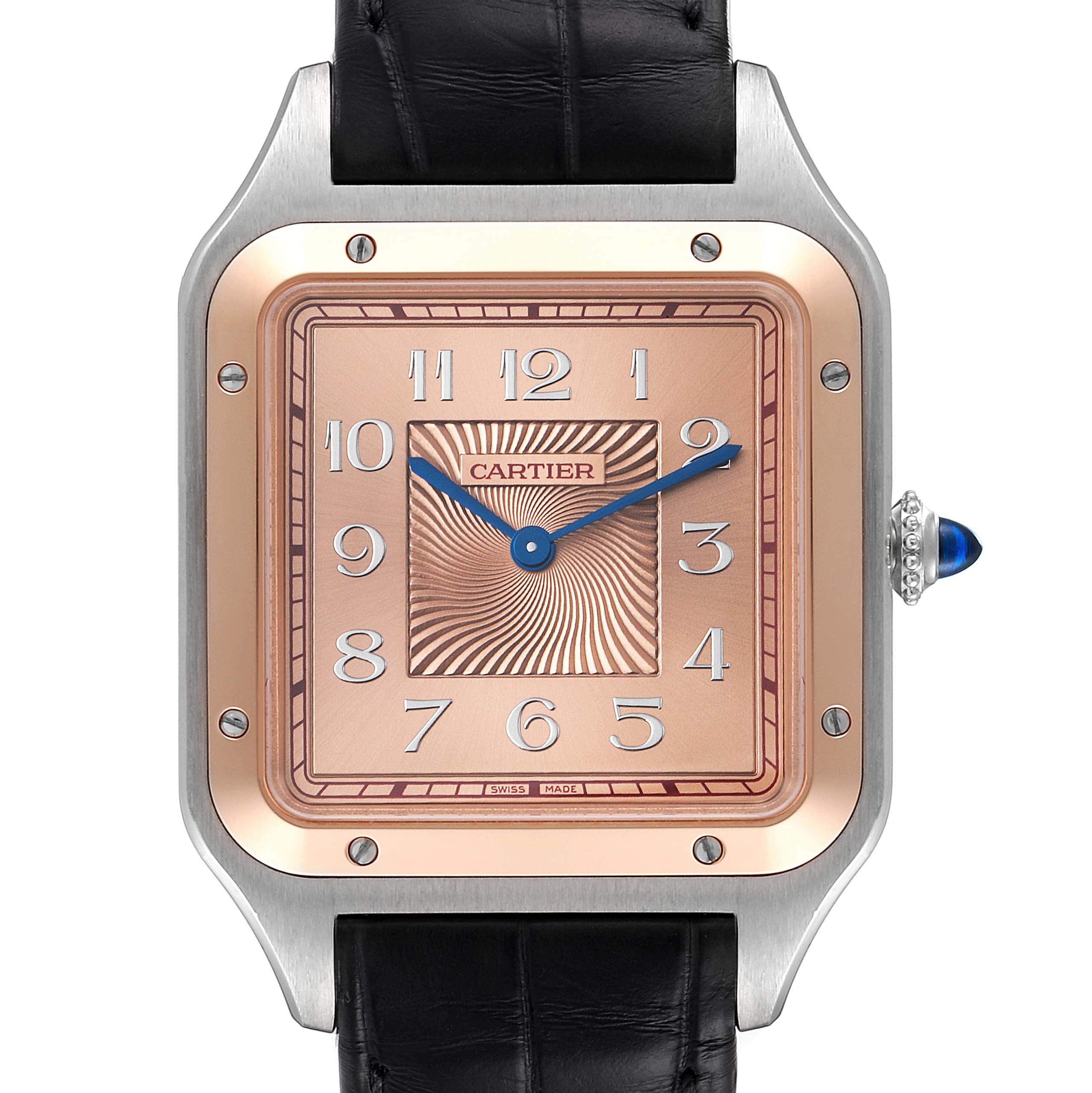 The image shows a close-up of the Cartier Santos W2SA0025 Men's Steel and Gold (two tone) Pink Dial W2SA0025 Men's Steel and Gold (two tone) Pink Dial watch, highlighting the face, bezel, and crown.