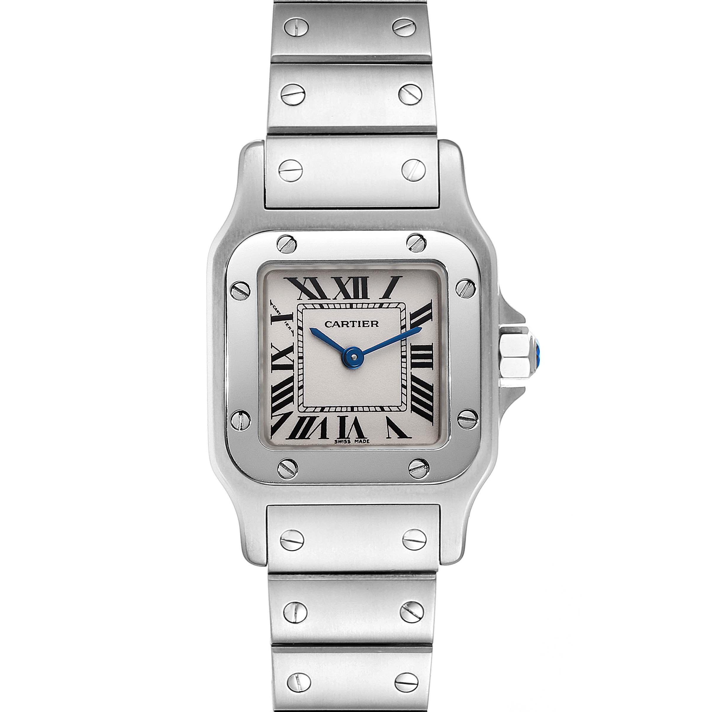 The Cartier Santos W20056D6 Women's Stainless Steel Silver Dial W20056D6 Women's Stainless Steel Silver Dial model watch is shown from a straight-on angle, displaying the face and part of the bracelet.