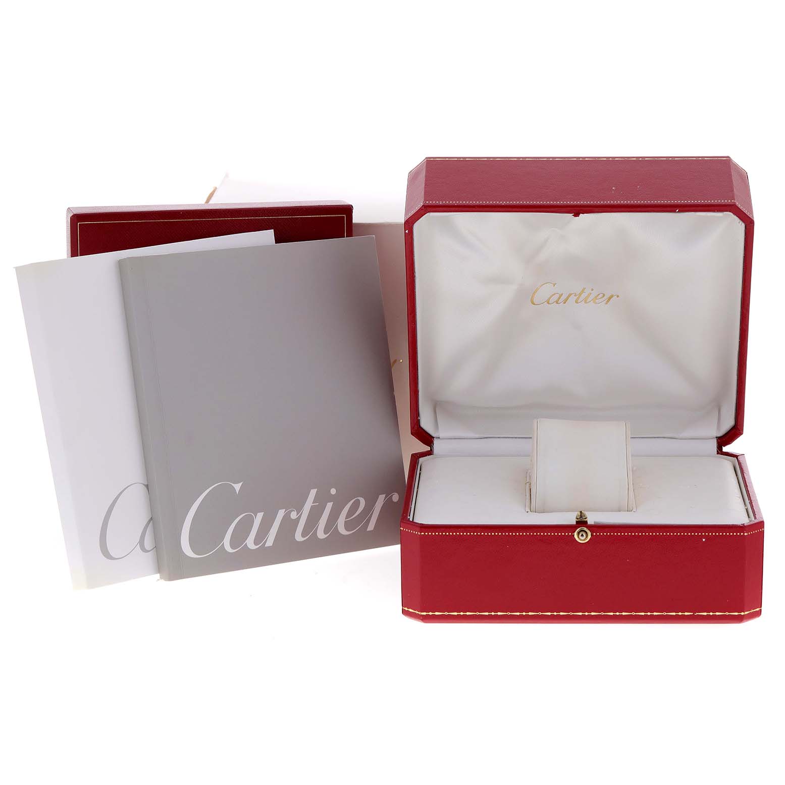 The image shows a Cartier Santos W20056D6 Women's Stainless Steel Silver Dial W20056D6 Women's Stainless Steel Silver Dial watch box and accompanying manuals from a front angle.