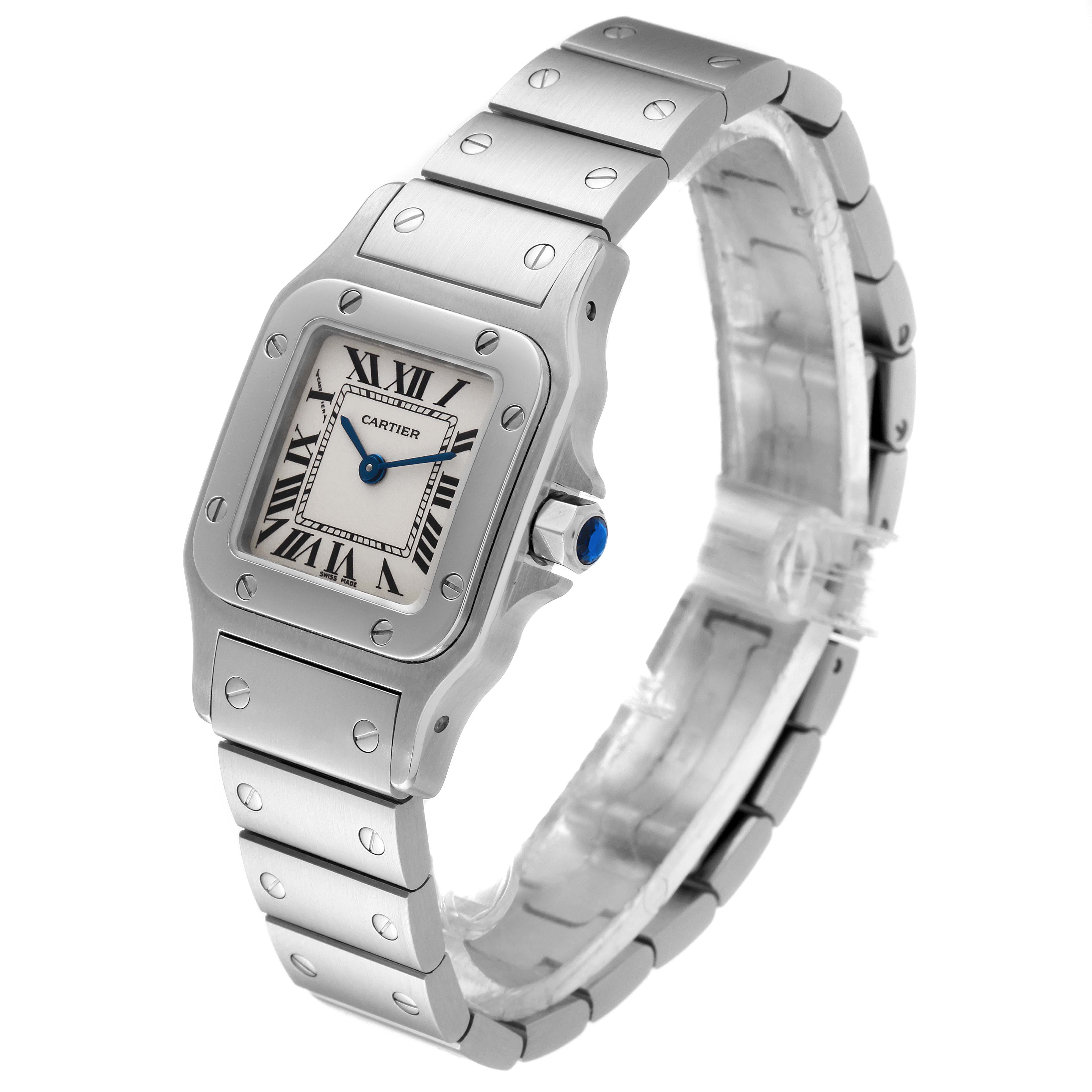 The image shows a Cartier Santos W20056D6 Women's Stainless Steel Silver Dial W20056D6 Women's Stainless Steel Silver Dial watch at a three-quarter angle, highlighting the face, bezel, and metal bracelet.