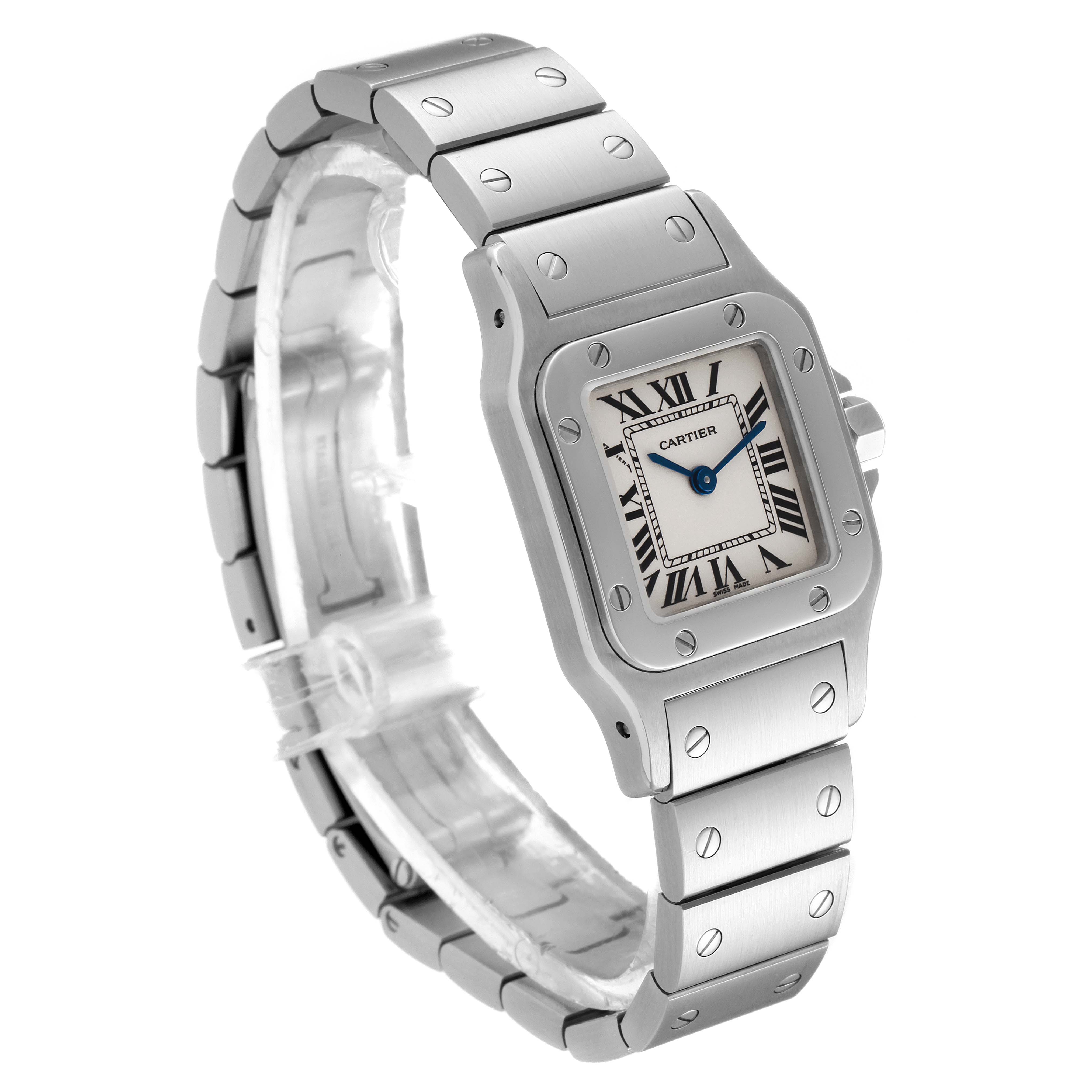 The image shows a Santos model watch by Cartier, angled to display its face, bezel, and bracelet.