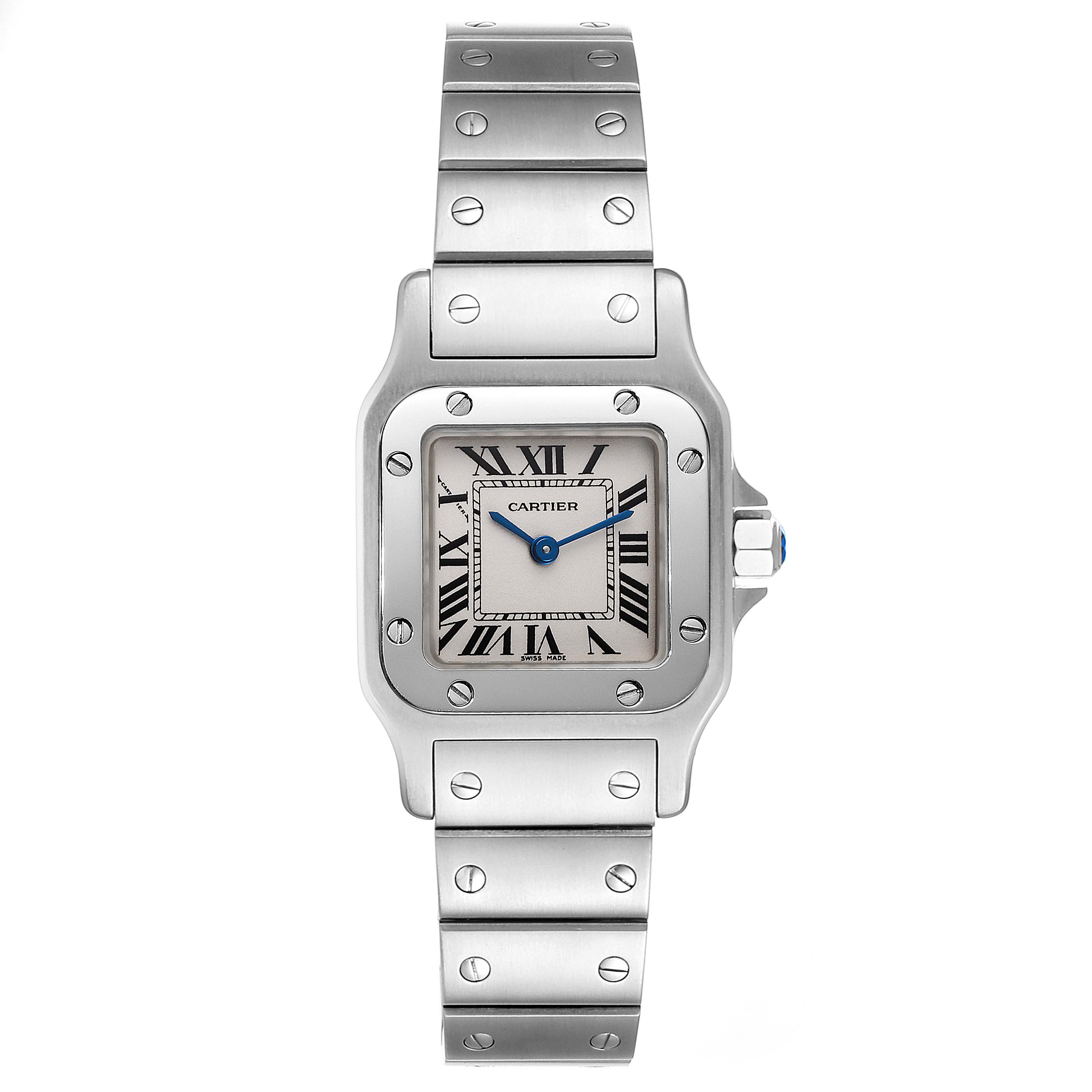 The image shows a frontal view of a Cartier Santos W20056D6 Women's Stainless Steel Silver Dial W20056D6 Women's Stainless Steel Silver Dial model watch, highlighting its dial, bezel, and bracelet.