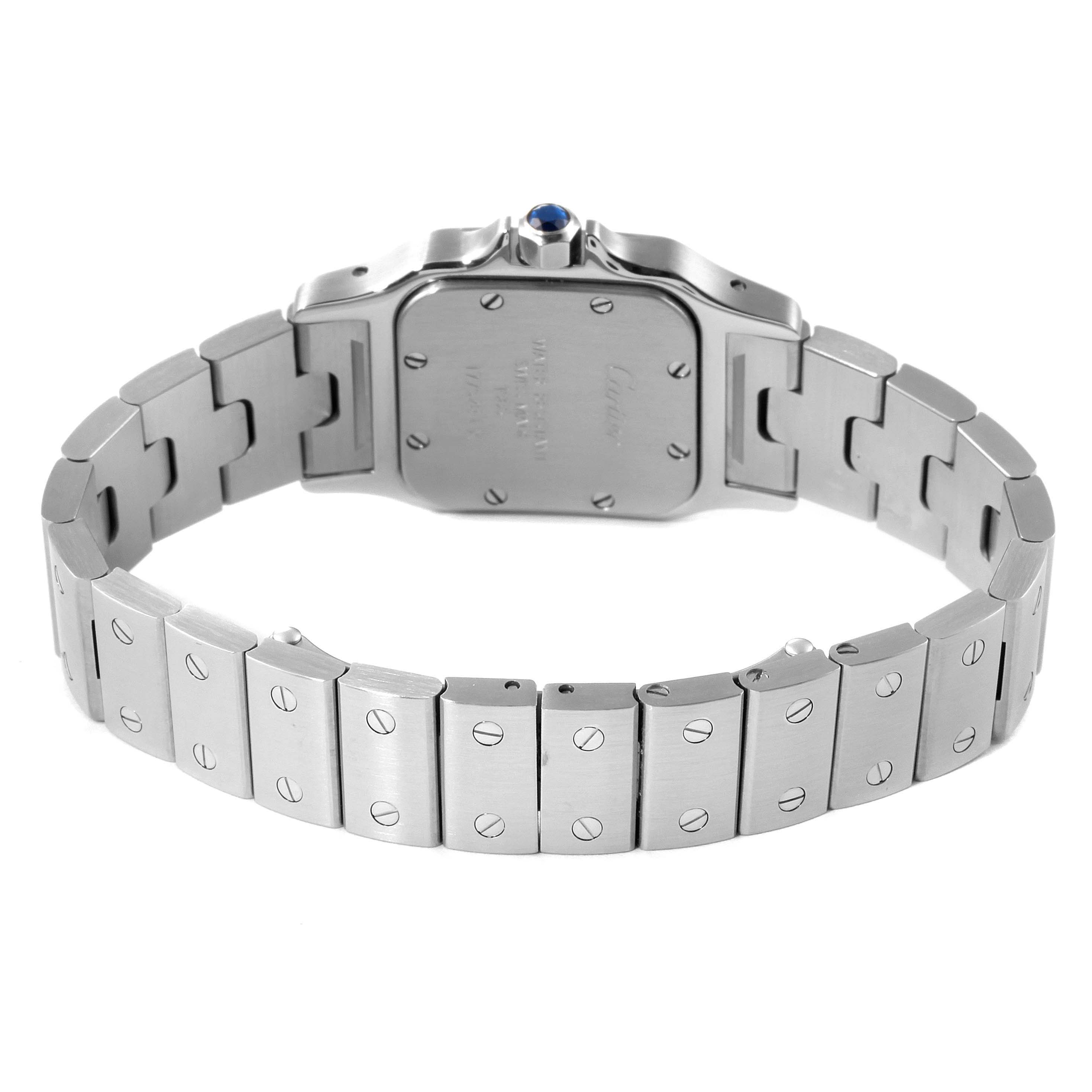 The image shows the back and bracelet band of the Santos model by Cartier from a rear angle.