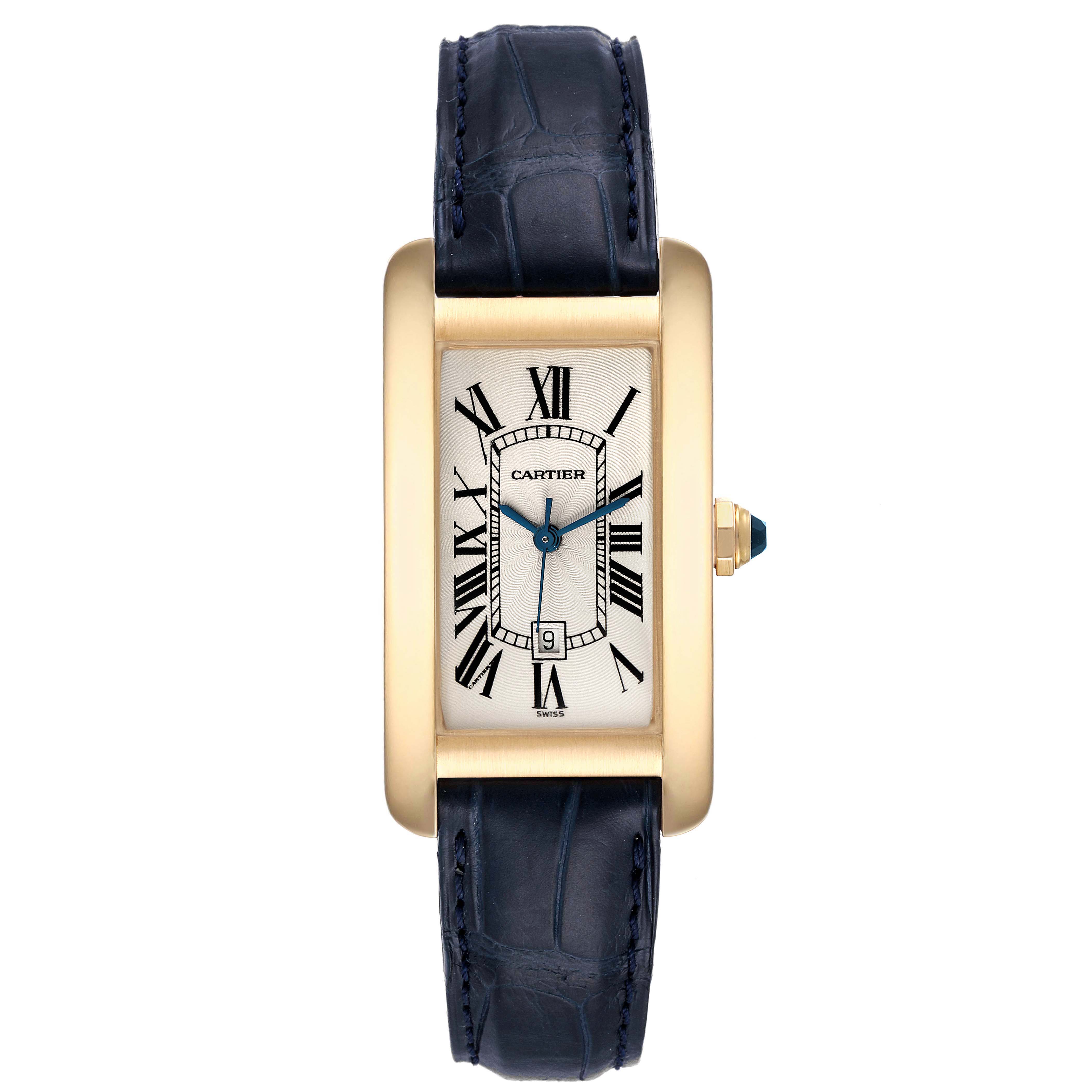 The image shows the front view of the Cartier Tank Americaine W2603556 Men
s Yellow Gold Silver Dial W2603556 Men
s Yellow Gold Silver Dial watch, featuring its rectangular face, Roman numerals, and leather strap.