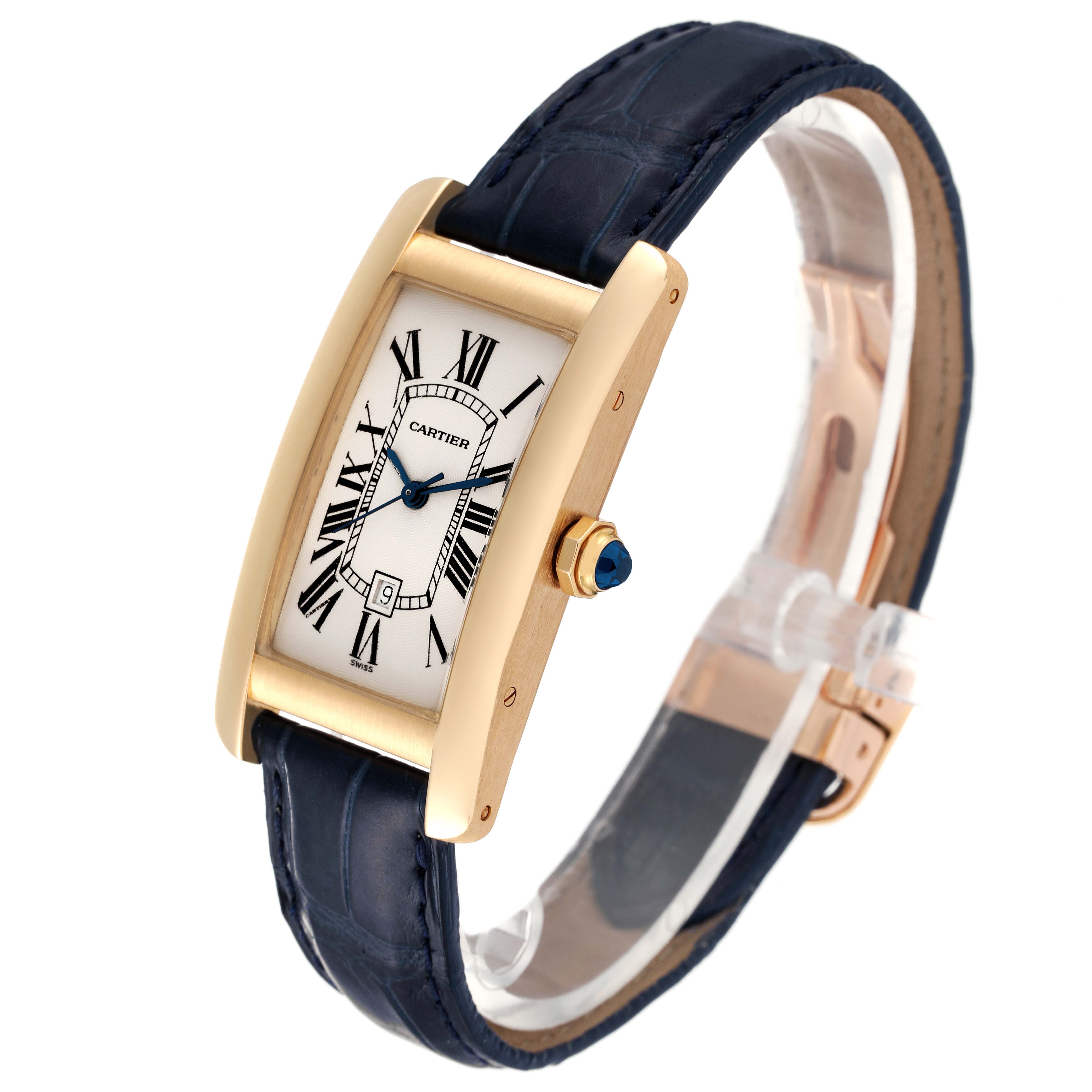 The image shows an oblique view of the Cartier Tank Americaine W2603556 Men
s Yellow Gold Silver Dial W2603556 Men
s Yellow Gold Silver Dial watch, highlighting its face, bezel, crown, and strap.