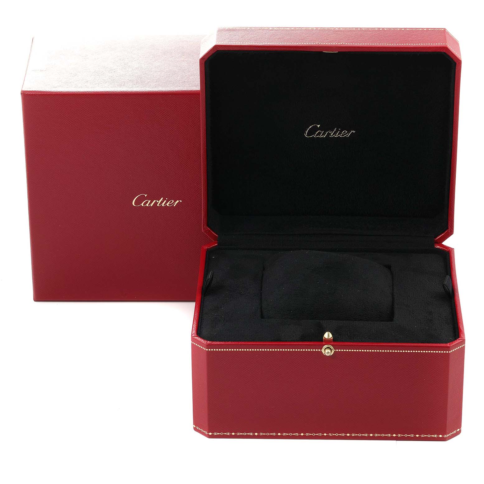 The image shows an open red watch box for a Cartier Tank Américaine, with "Cartier" branding inside the box
s lid.