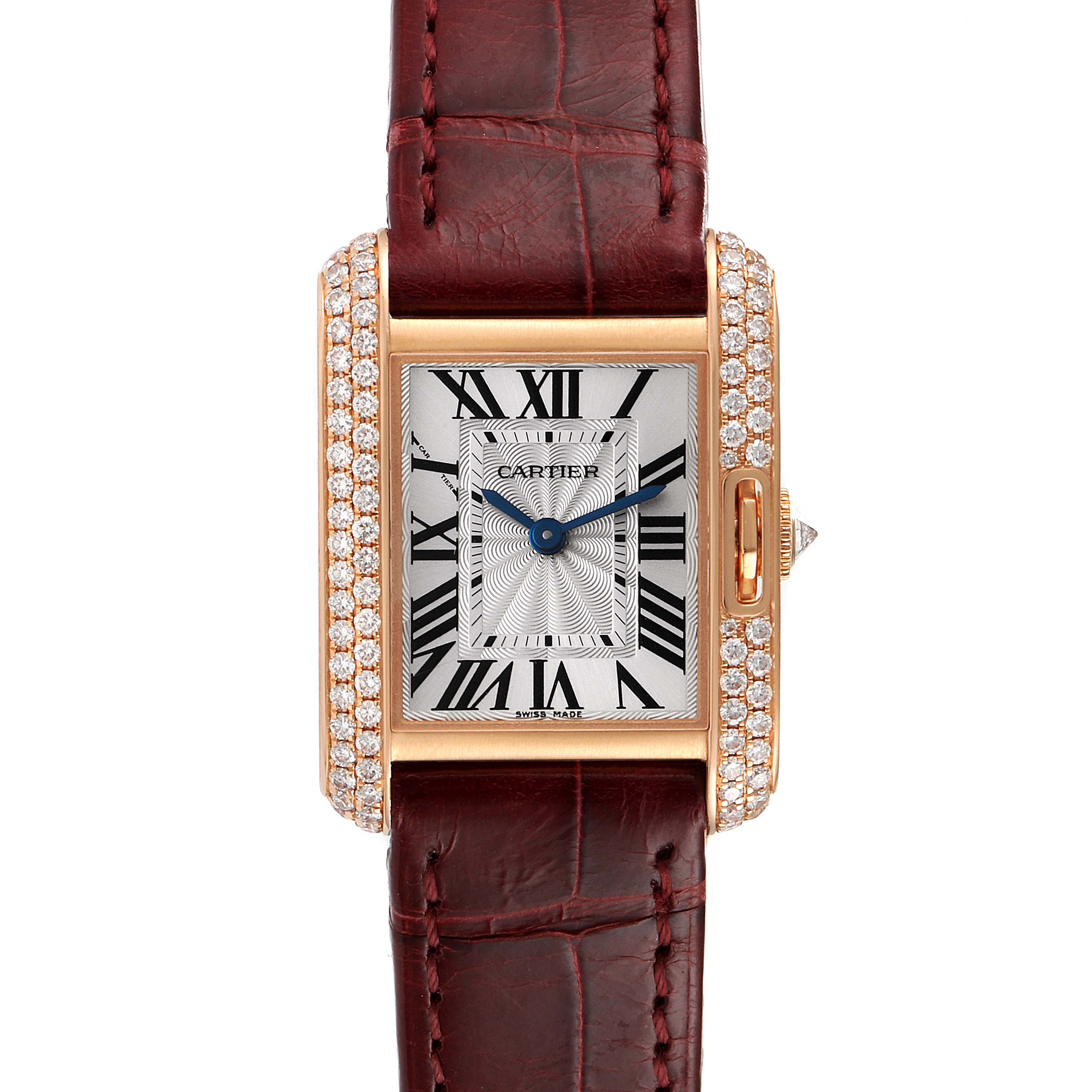 Front view of a Cartier Tank Anglaise WT100013 Women's Rose Gold Silver Dial WT100013 Women's Rose Gold Silver Dial watch, showing the face, bezel, and leather strap.