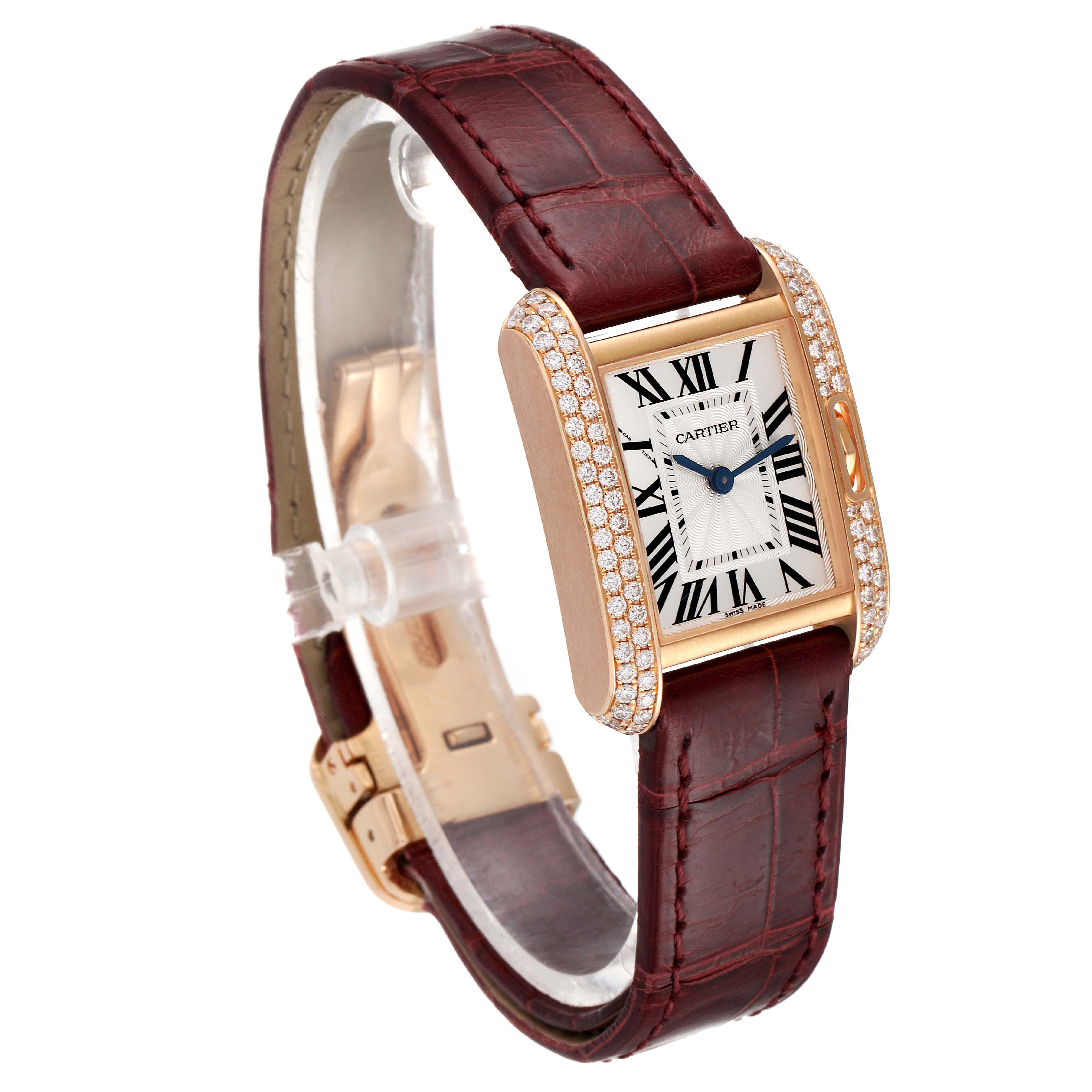 This image shows the Cartier Tank Anglaise WT100013 Women's Rose Gold Silver Dial WT100013 Women's Rose Gold Silver Dial watch at a three-quarter angle, highlighting the face, case, strap, and clasp.