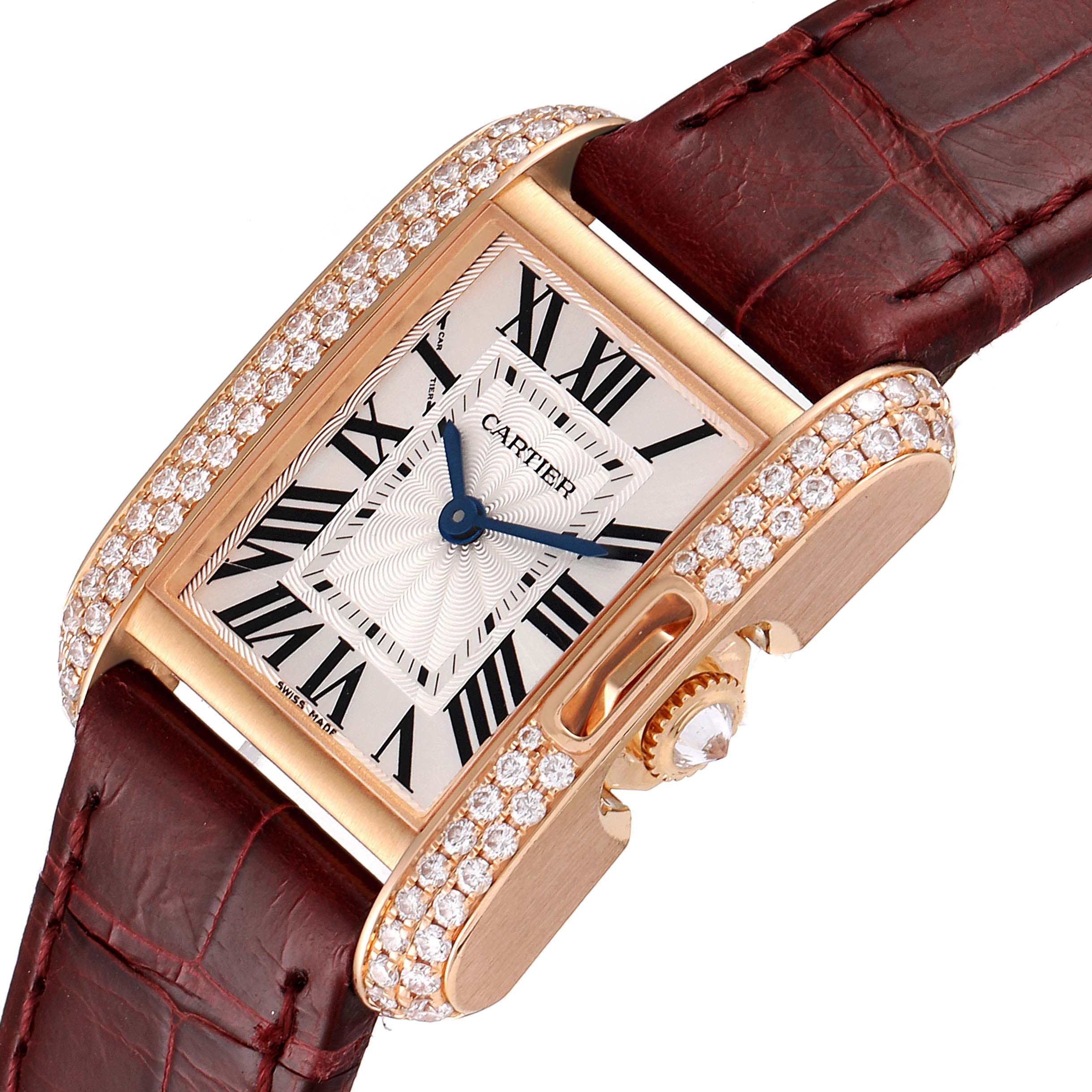 This image shows a close-up of the Cartier Tank Anglaise WT100013 Women's Rose Gold Silver Dial WT100013 Women's Rose Gold Silver Dial watch, highlighting its face, gemstone bezel, and leather strap.