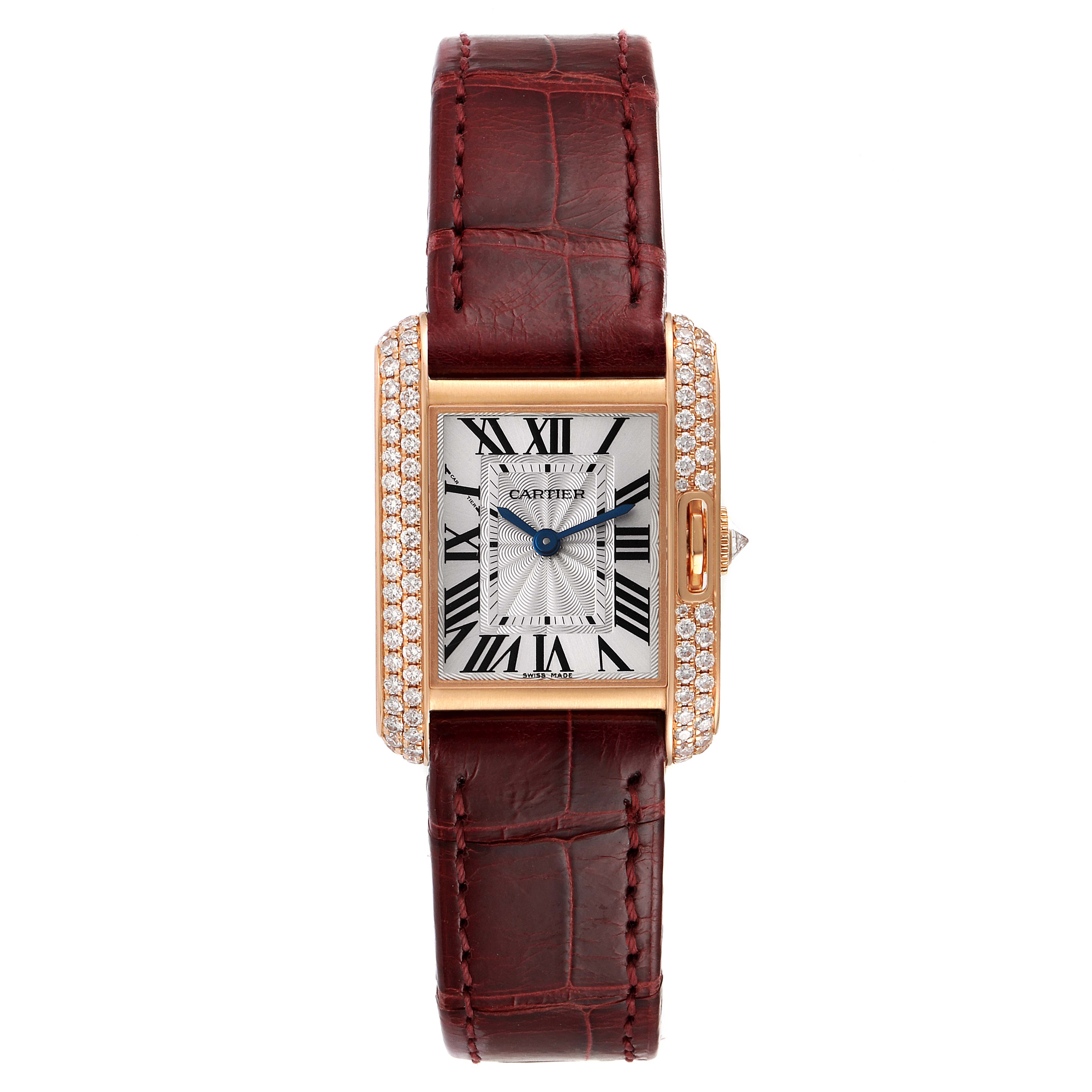The image shows a head-on view of a Cartier Tank Anglaise WT100013 Women's Rose Gold Silver Dial WT100013 Women's Rose Gold Silver Dial watch with a brown leather strap and diamond-studded rectangular case.