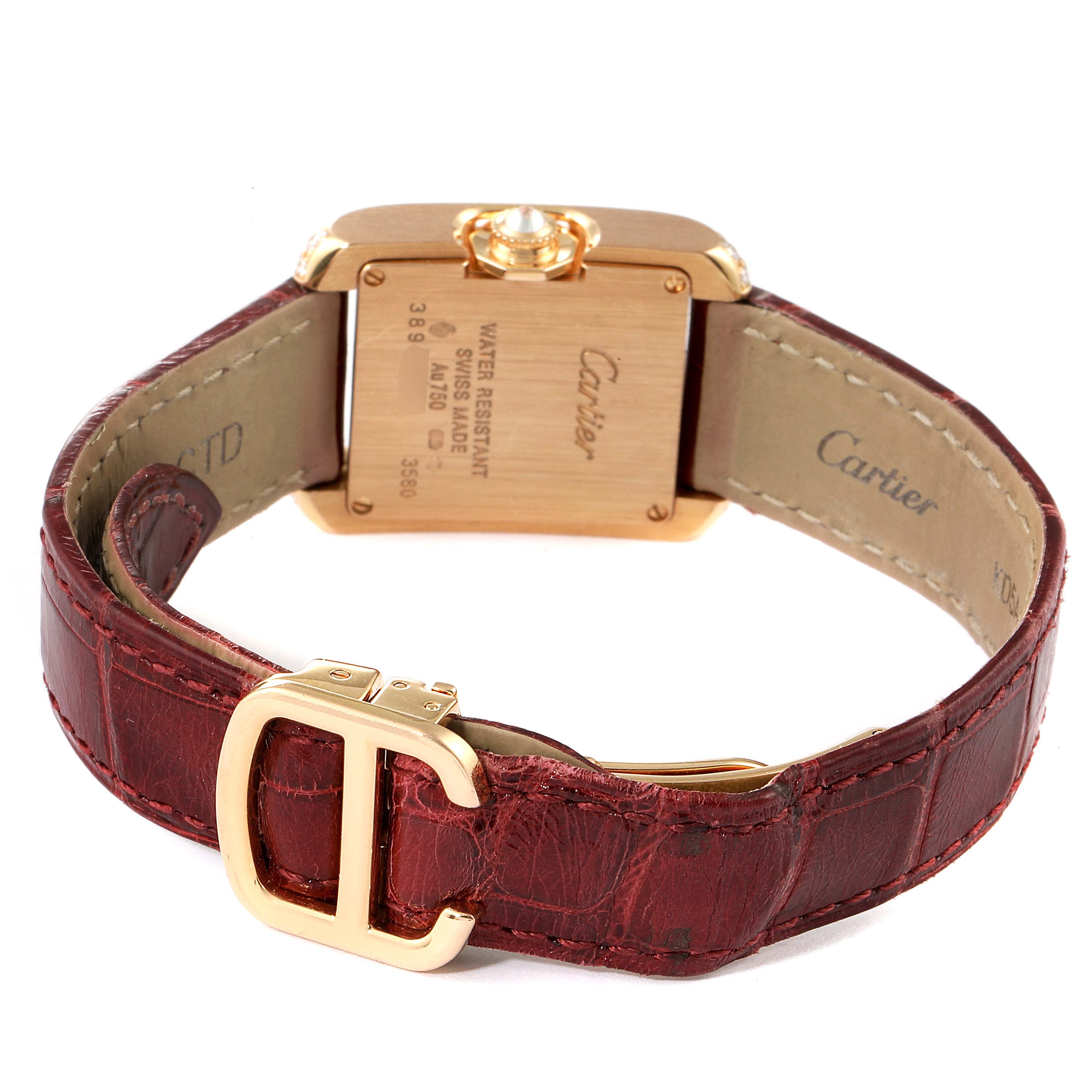 This image shows the back of a Cartier Tank Anglaise WT100013 Women's Rose Gold Silver Dial WT100013 Women's Rose Gold Silver Dial watch, highlighting the case, strap, and buckle.